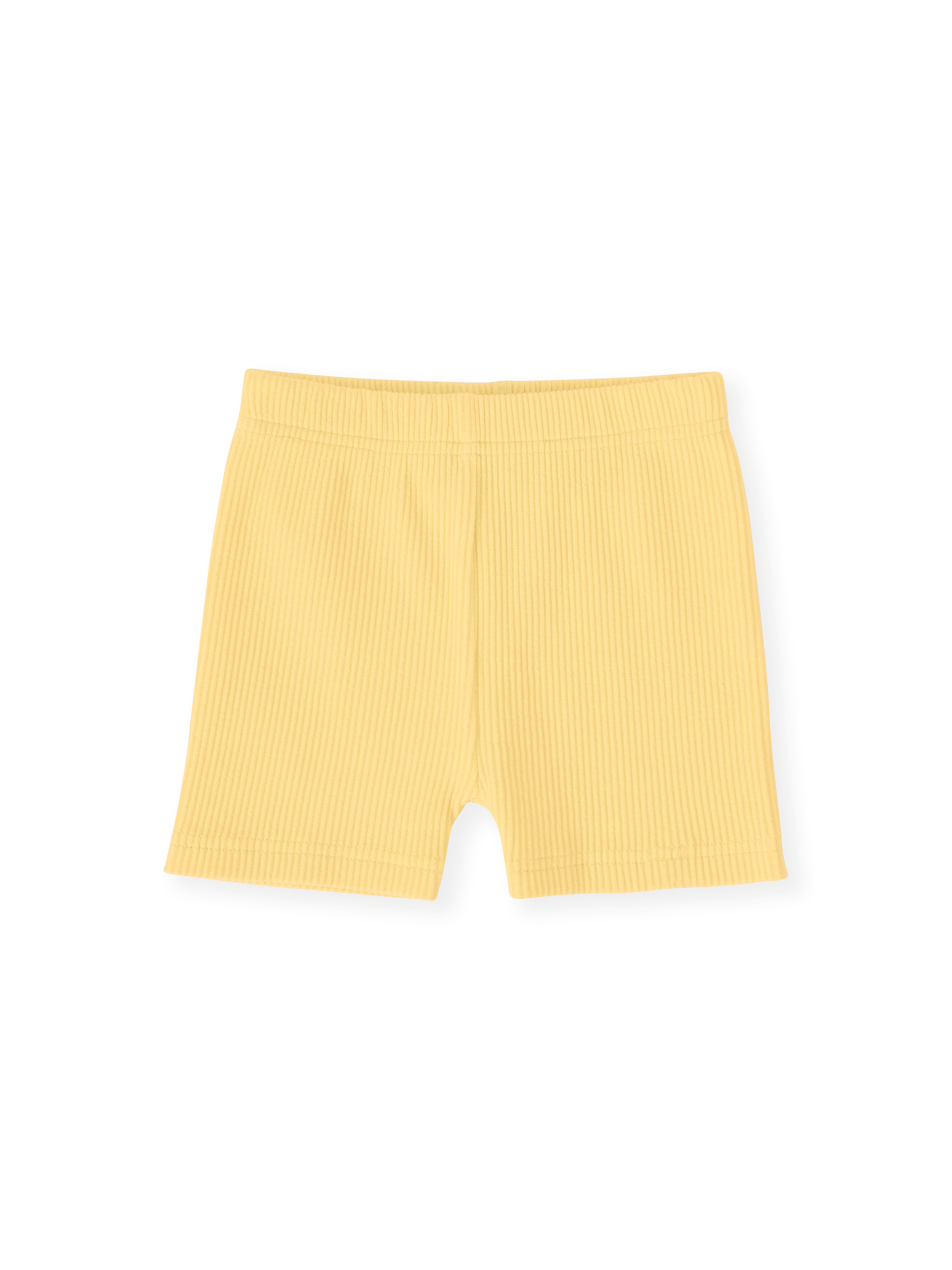 The Goldie + Ace Lara Rib Shorties in Lemon pictured on a transparent background. The material is soft cotton elastane. It is a bottom made for babies, toddlers and kids.