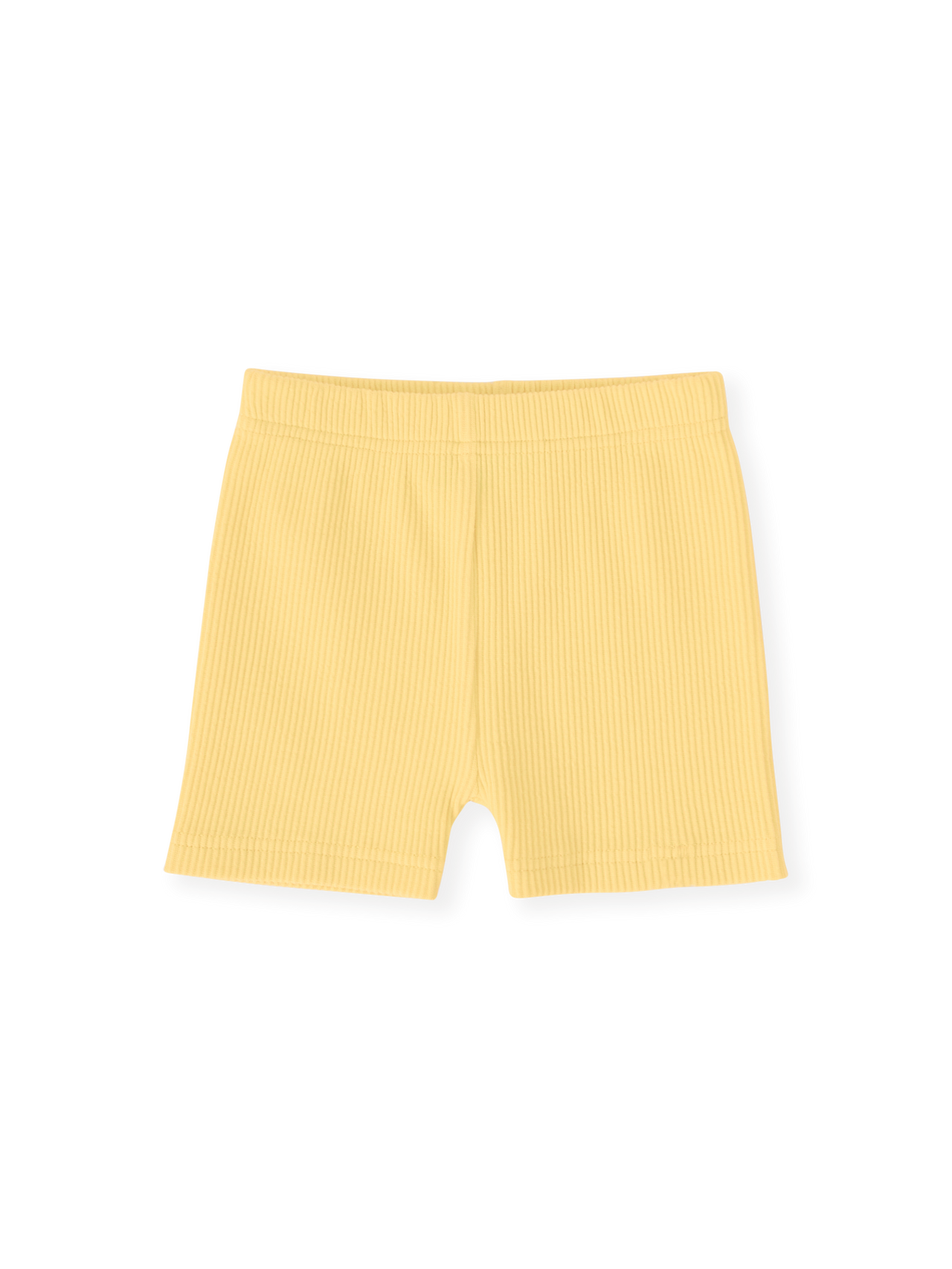 The Goldie + Ace Lara Rib Shorties in Lemon pictured on a transparent background. The material is soft cotton elastane. It is a bottom made for babies, toddlers and kids.