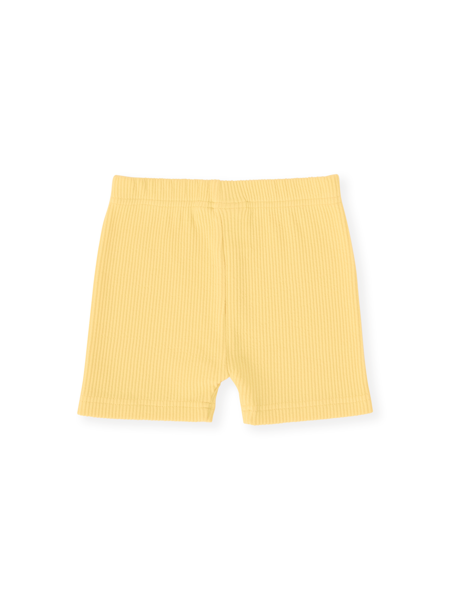 The Goldie + Ace Lara Rib Shorties in Lemon pictured on a transparent background. The material is soft cotton elastane. It is a bottom made for babies, toddlers and kids.