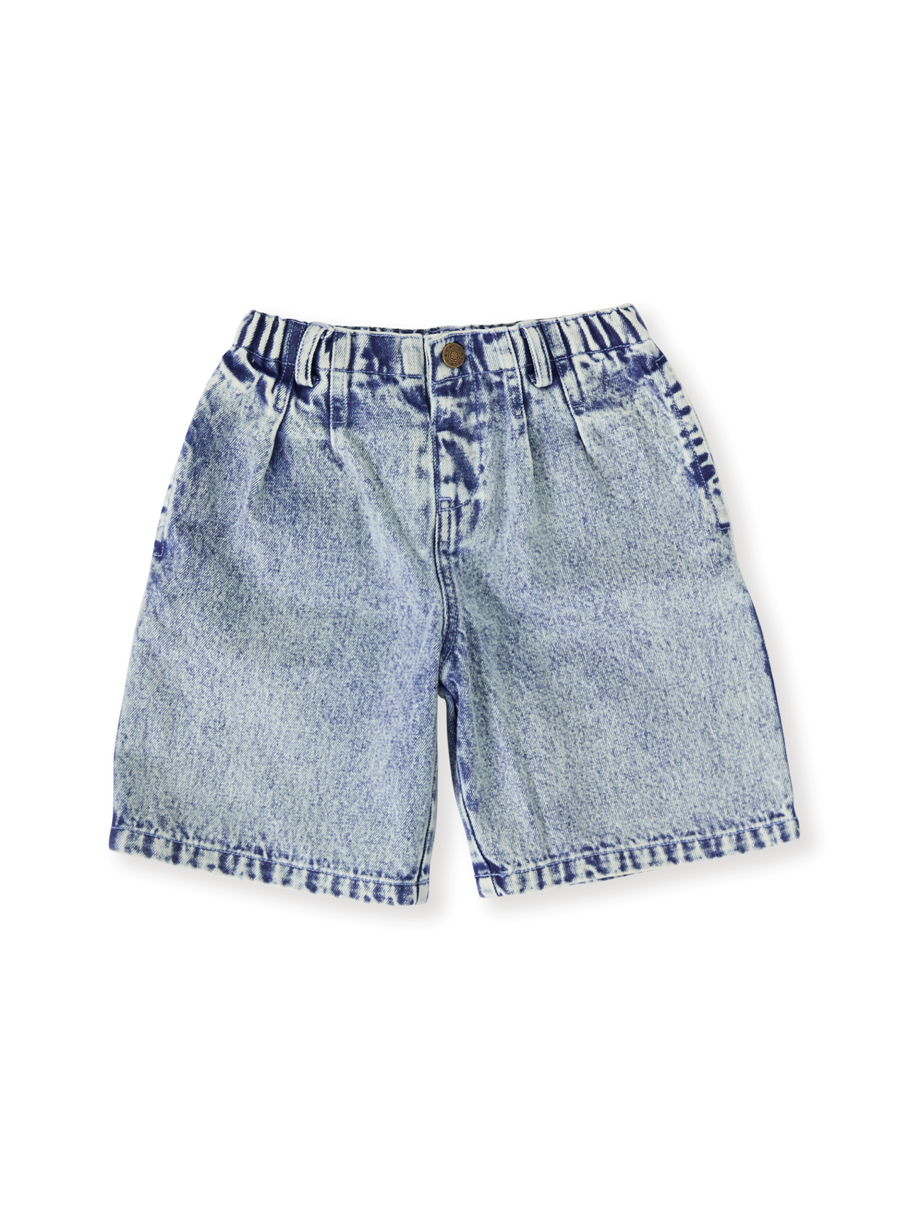 The Goldie + Ace Kirby Relaxed Denim Shorts in Light Denim pictured on a transparent background. The material is cotton. It is a bottom made for babies, toddlers and kids.