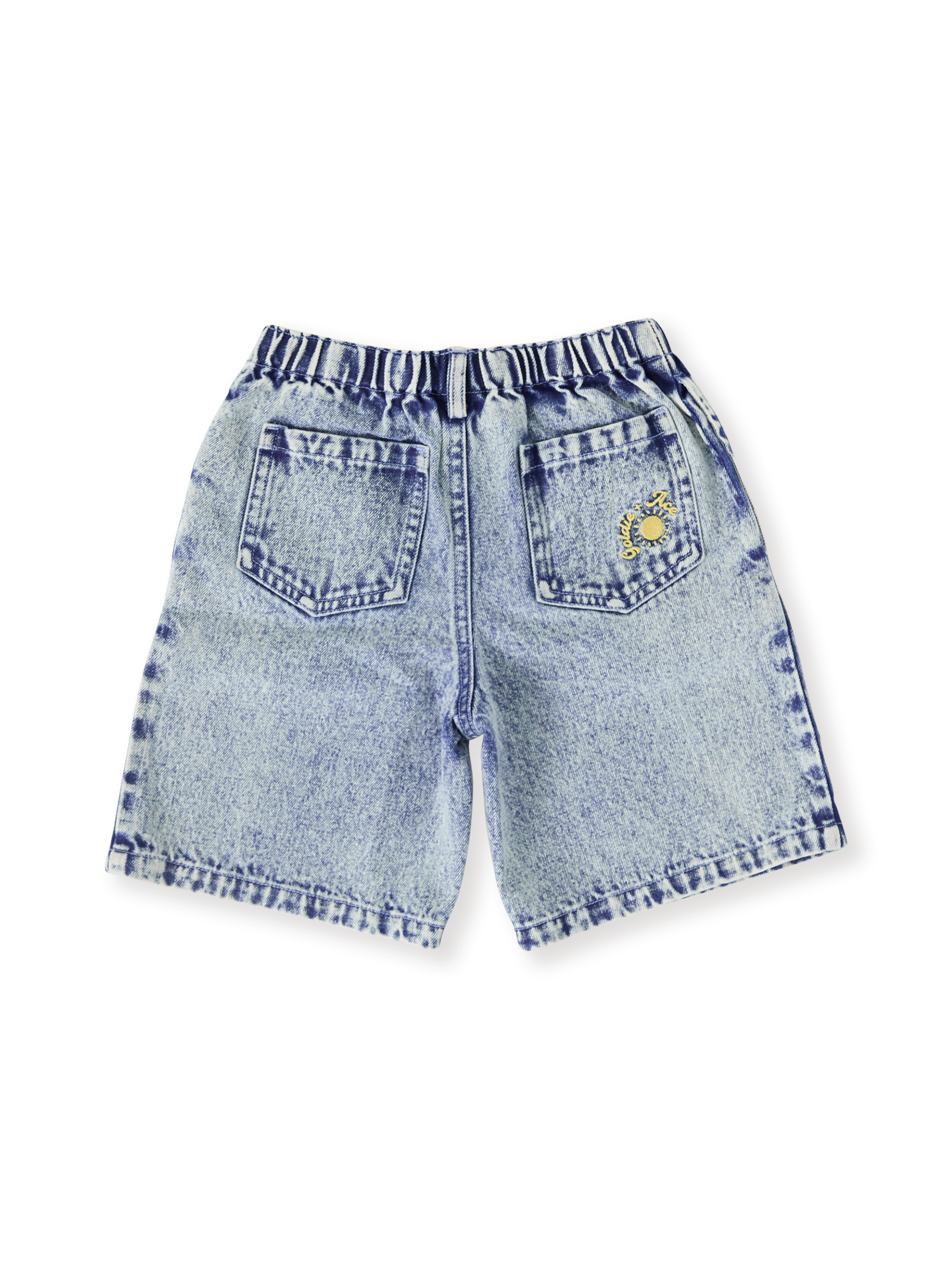 The Goldie + Ace Kirby Relaxed Denim Shorts in Light Denim pictured on a transparent background. The material is cotton. It is a bottom made for babies, toddlers and kids.