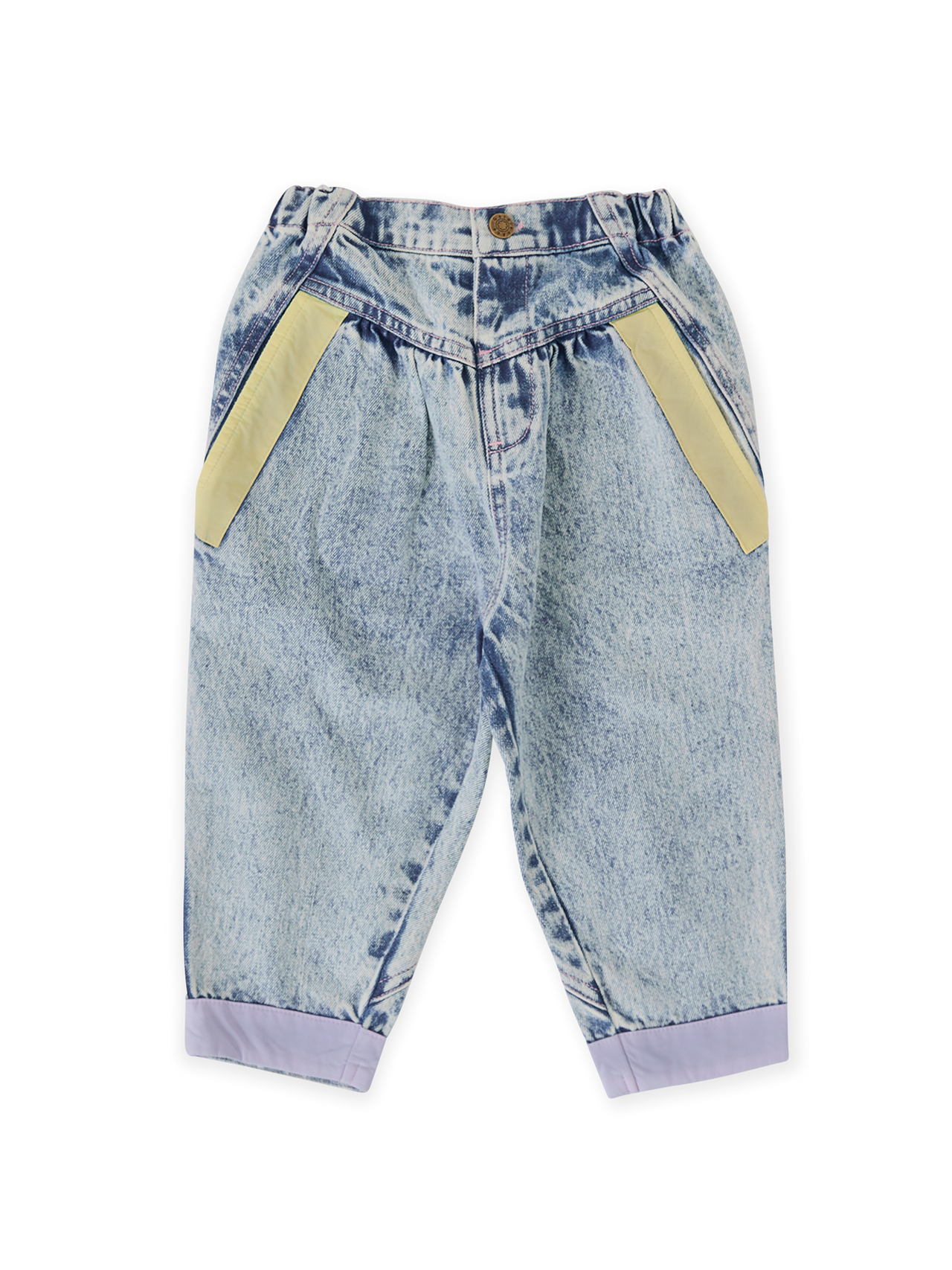 The Goldie + Ace Pastel Pop Nora Denim Pant in Light Denim pictured on a transparent background. The material is cotton. It is a bottom made for babies, toddlers and kids.