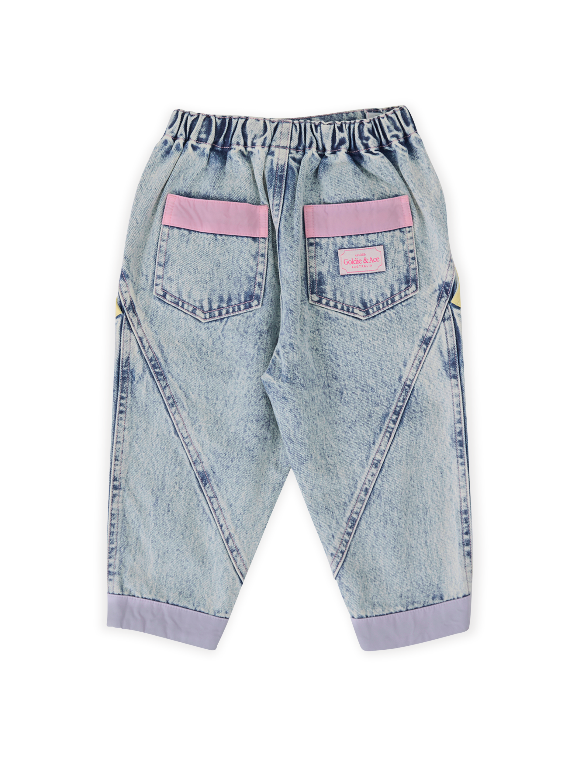 The Goldie + Ace Pastel Pop Nora Denim Pant in Light Denim pictured on a transparent background. The material is cotton. It is a bottom made for babies, toddlers and kids.