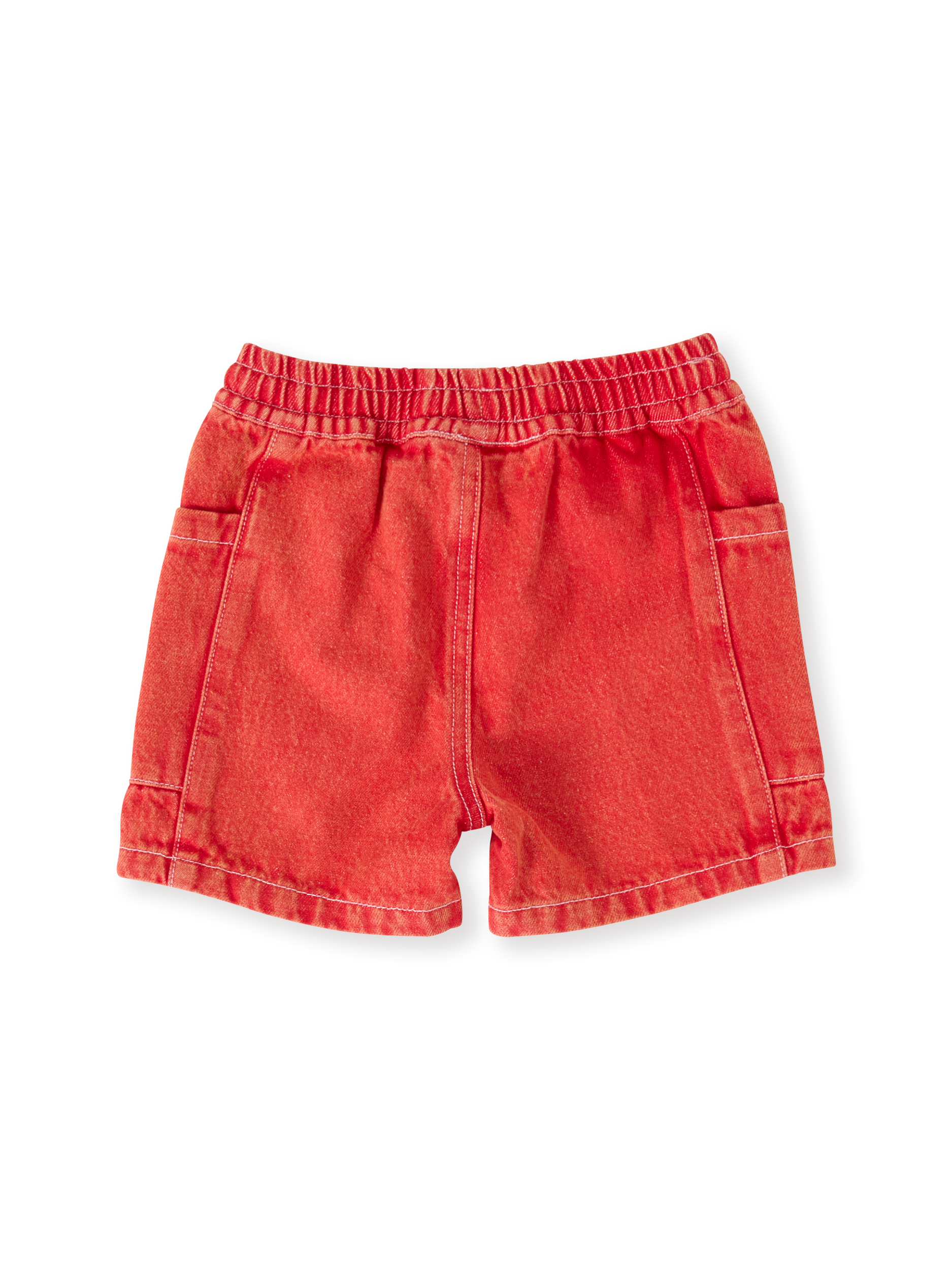 The Goldie + Ace Noah Denim Pocket Shorts in Apple Red pictured on a transparent background. The material is 100% cotton. It is a bottom made for babies, toddlers and kids.