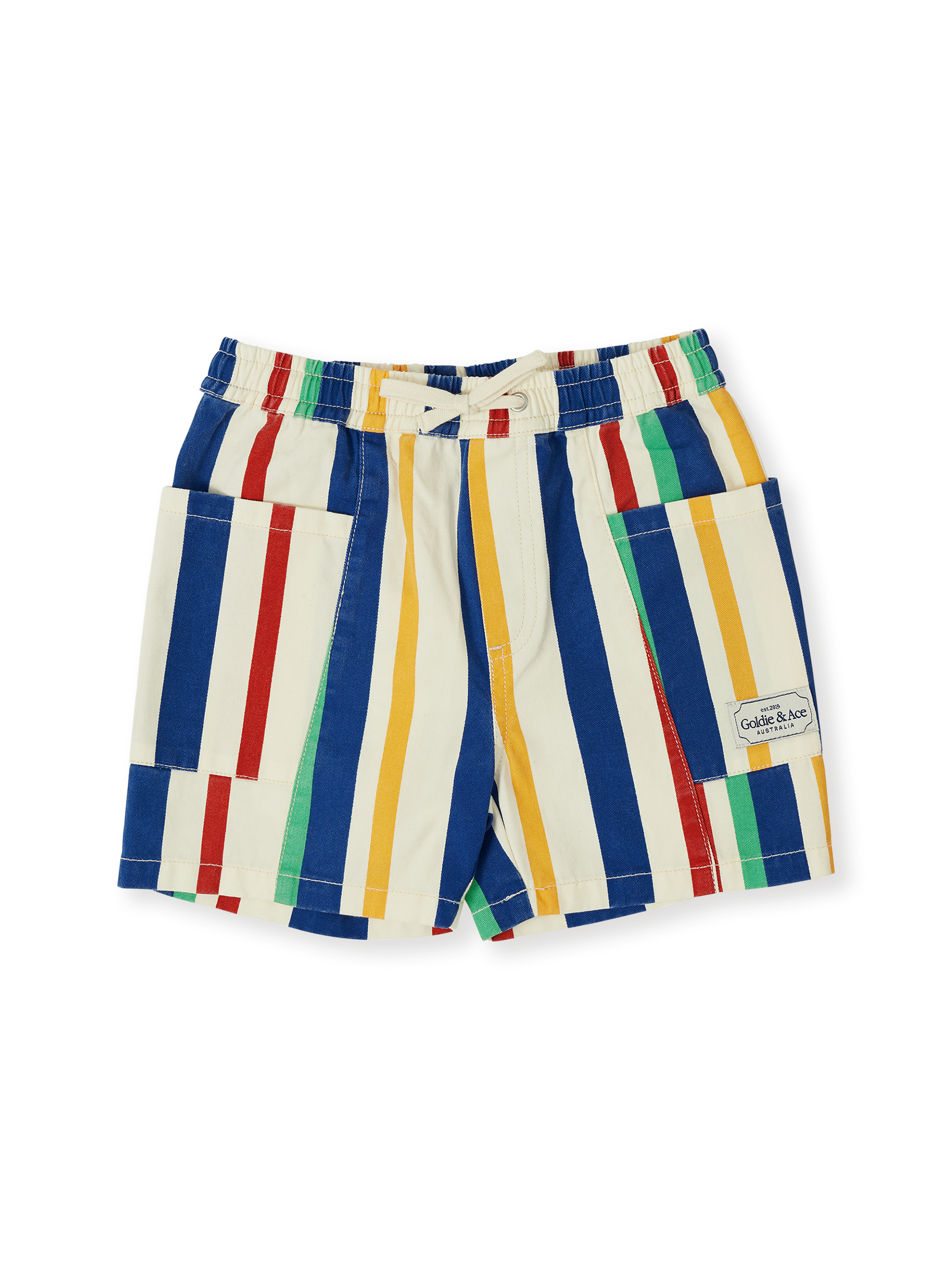 The Goldie + Ace 90's Bold Stripe Noah Denim Pocket Shorts in Primary pictured on a transparent background. The material is 100% cotton. It is a bottom made for babies, toddlers and kids.