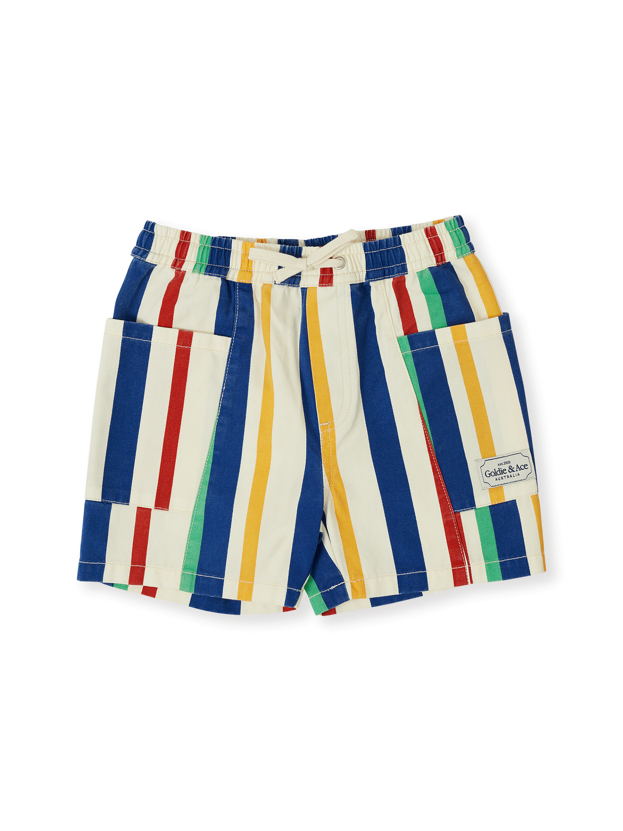 The Goldie + Ace 90's Bold Stripe Noah Denim Pocket Shorts in Primary pictured on a transparent background. The material is 100% cotton. It is a bottom made for babies, toddlers and kids.