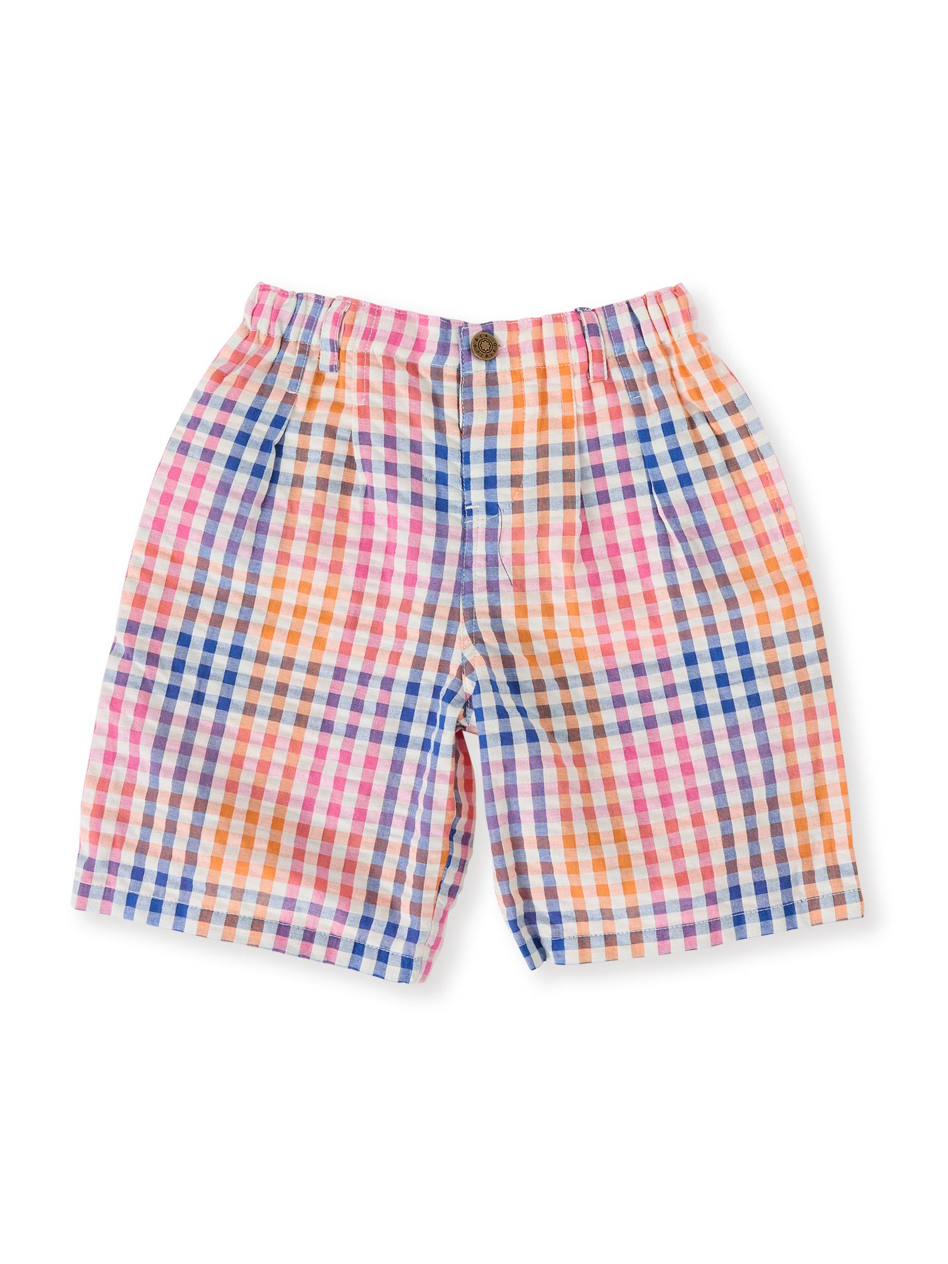 The Goldie + Ace Rainbow Gingham Kirby Relaxed Shorts in Multi pictured on a transparent background. The material is 100% cotton. It is a bottom made for babies, toddlers and kids.