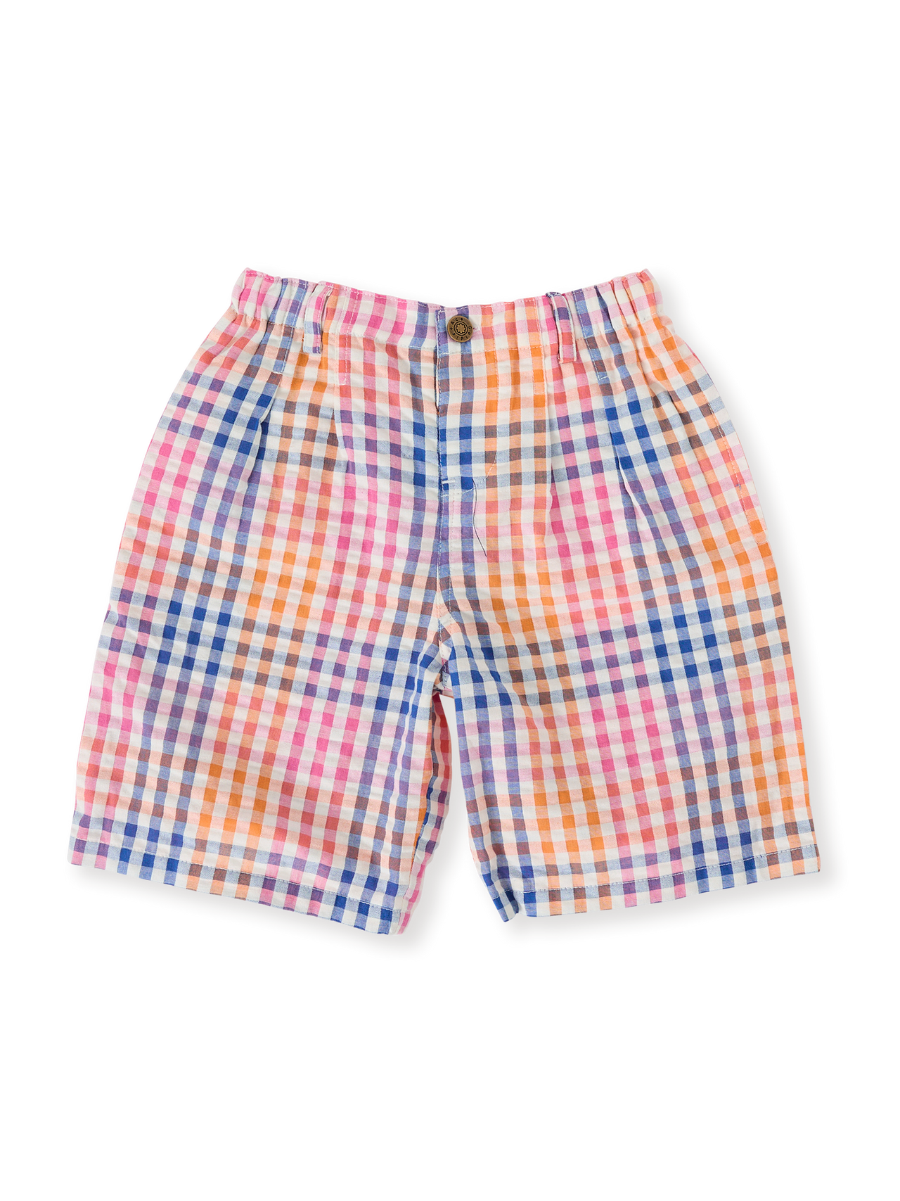 The Goldie + Ace Rainbow Gingham Kirby Relaxed Shorts in Multi pictured on a transparent background. The material is 100% cotton. It is a bottom made for babies, toddlers and kids.