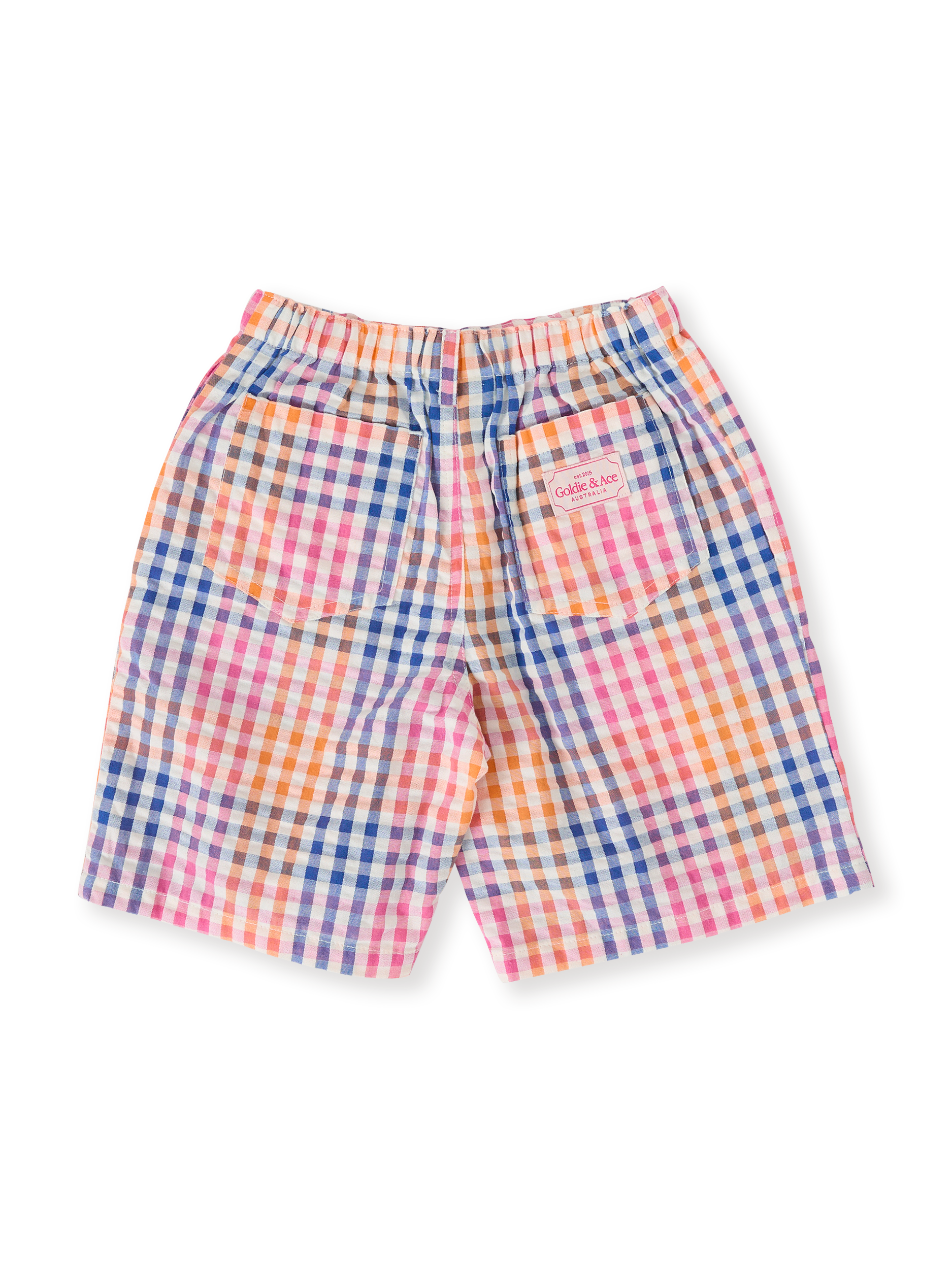 The Goldie + Ace Rainbow Gingham Kirby Relaxed Shorts in Multi pictured on a transparent background. The material is 100% cotton. It is a bottom made for babies, toddlers and kids.