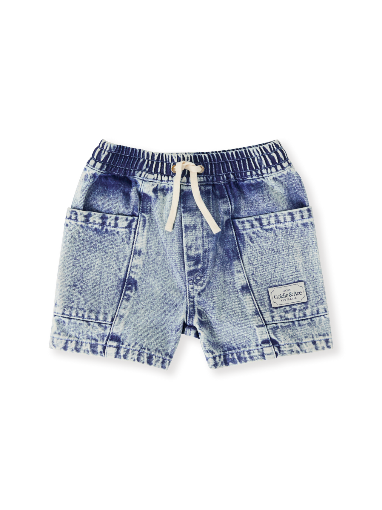 The Goldie + Ace Noah Denim Pocket Shorts in Light Denim pictured on a transparent background. The material is 100% cotton. It is a bottom made for babies, toddlers and kids.
