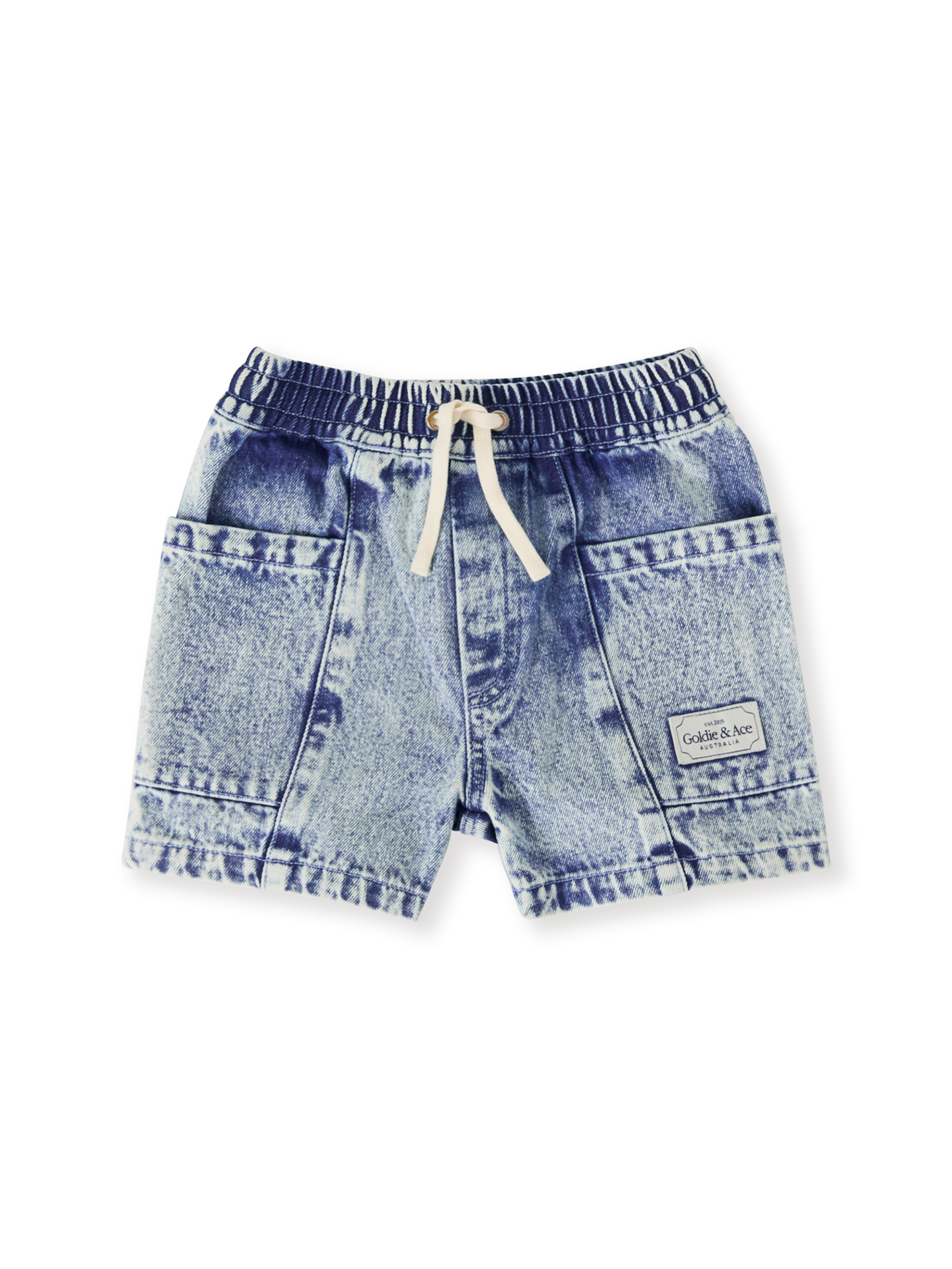 The Goldie + Ace Noah Denim Pocket Shorts in Light Denim pictured on a transparent background. The material is 100% cotton. It is a bottom made for babies, toddlers and kids.
