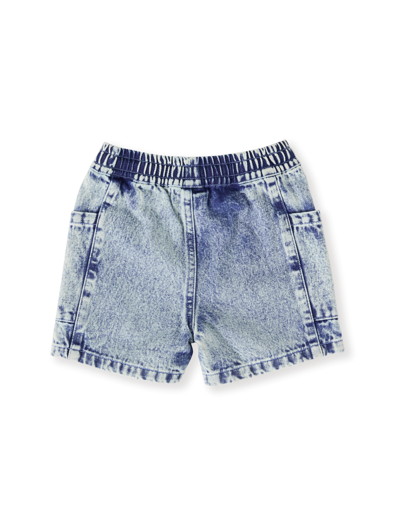 The Goldie + Ace Noah Denim Pocket Shorts in Light Denim pictured on a transparent background. The material is 100% cotton. It is a bottom made for babies, toddlers and kids.
