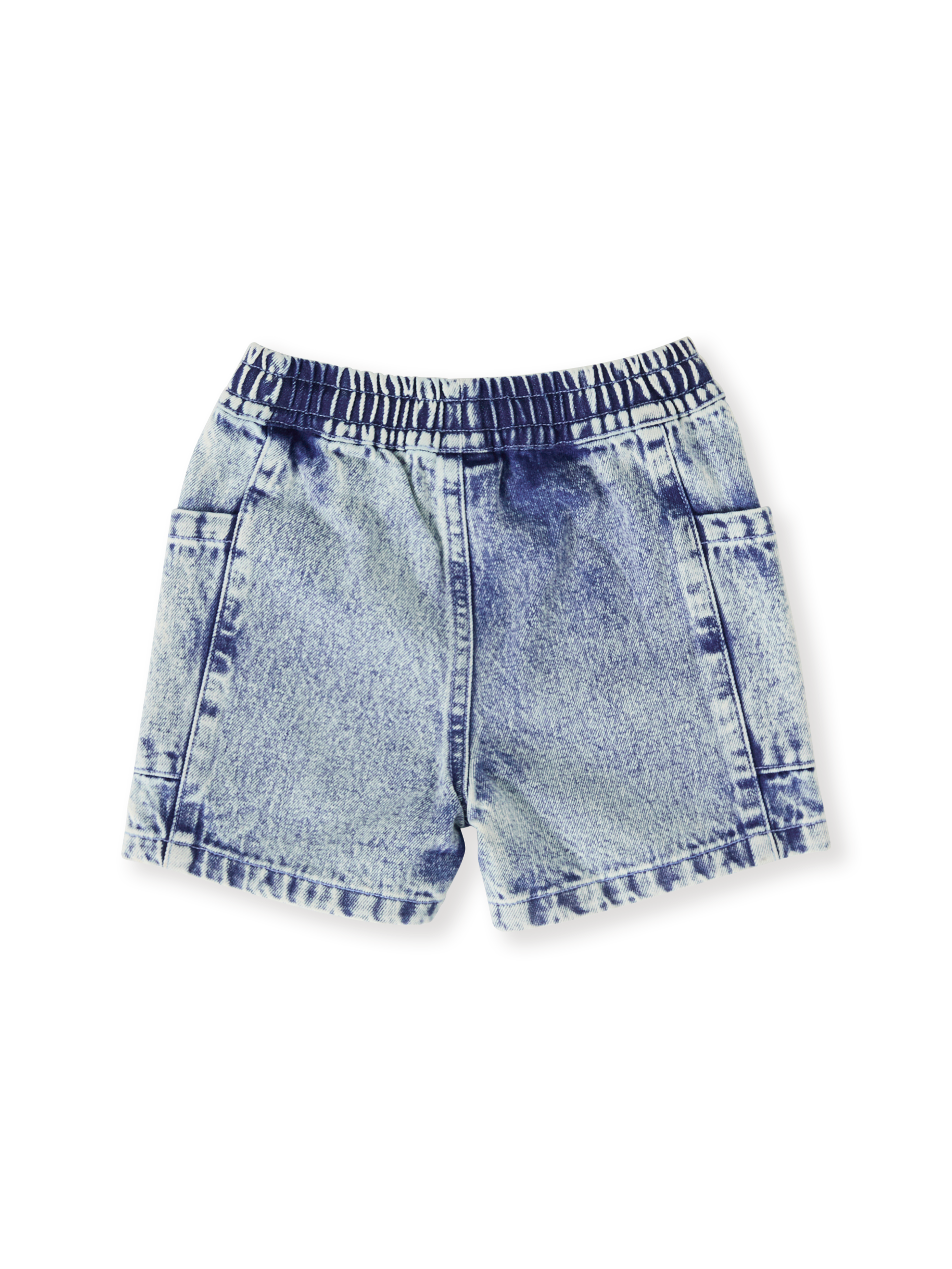 The Goldie + Ace Noah Denim Pocket Shorts in Light Denim pictured on a transparent background. The material is 100% cotton. It is a bottom made for babies, toddlers and kids.