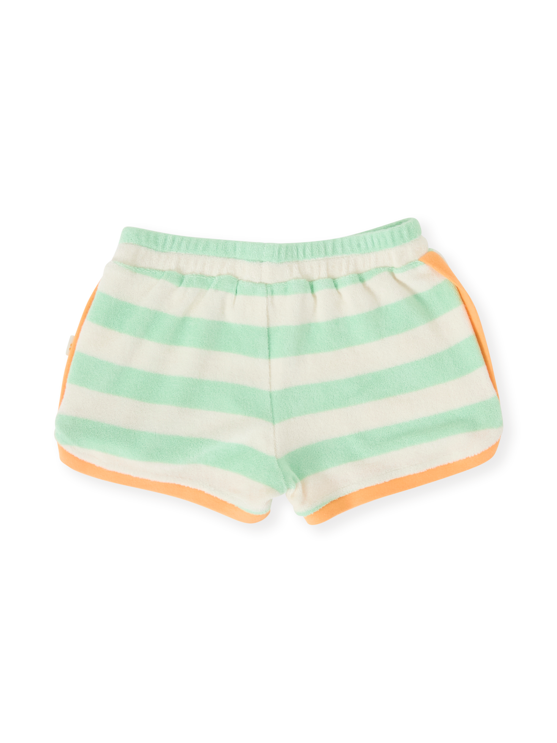 The Goldie + Ace Peas In A Pod Stripe Shorts in Peapod/Cloud pictured on a transparent background. The material is 100% cotton. It is a bottom made for babies, toddlers and kids.