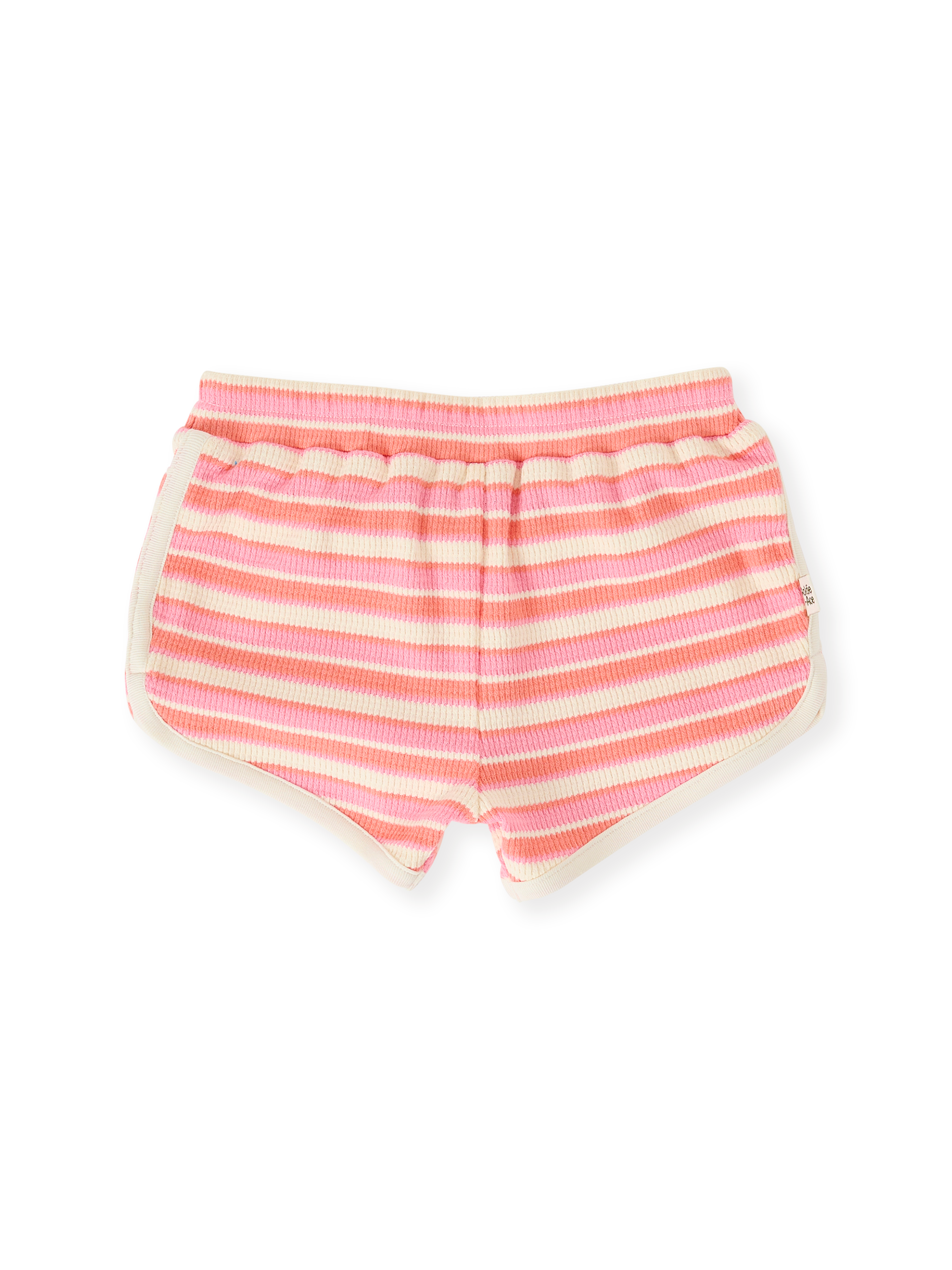 The Goldie + Ace Watermelon Stripe Shorts in Pink/Peach pictured on a transparent background. The material is 100% cotton. It is a bottom made for babies, toddlers and kids.