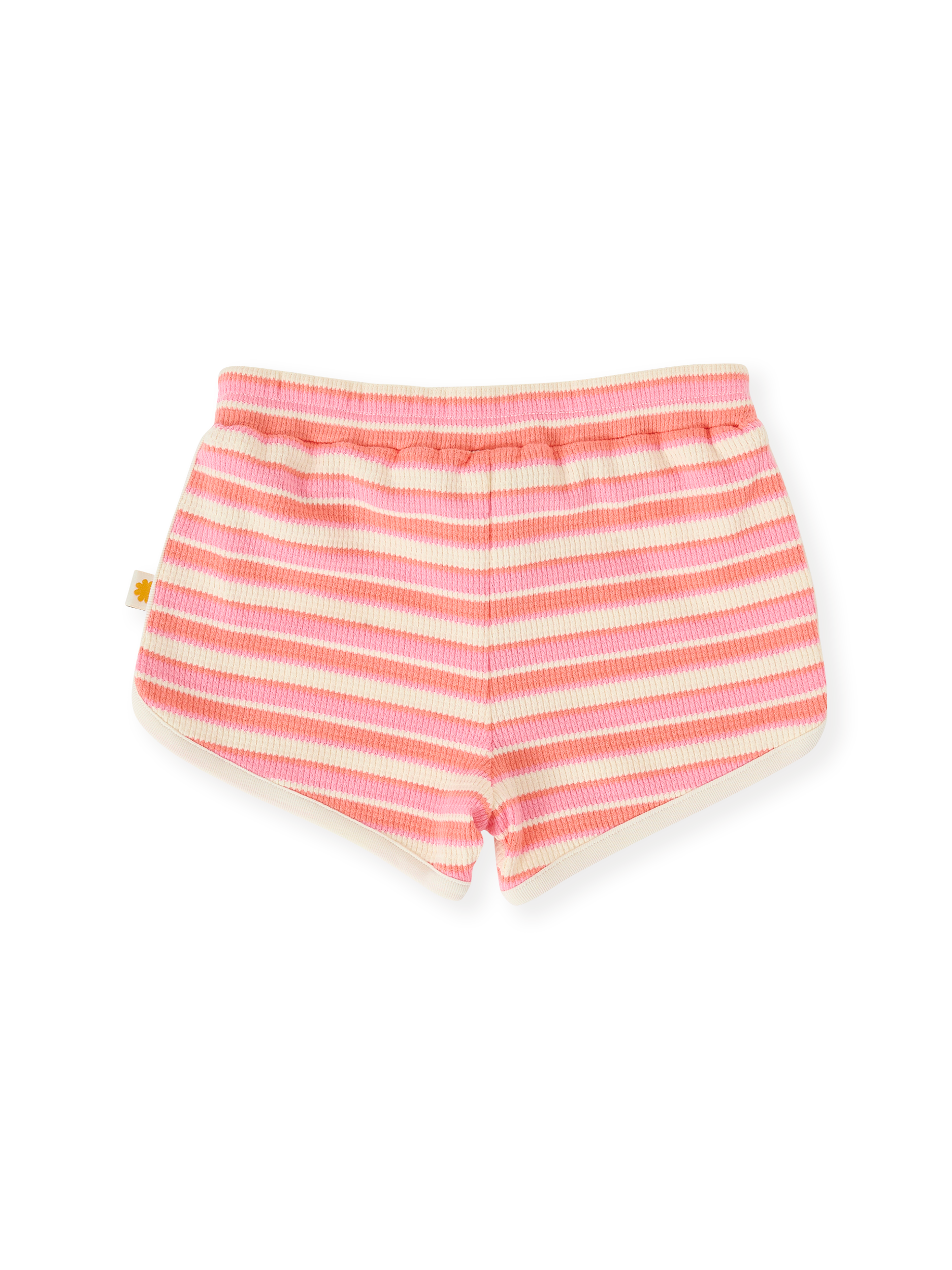 The Goldie + Ace Watermelon Stripe Shorts in Pink/Peach pictured on a transparent background. The material is 100% cotton. It is a bottom made for babies, toddlers and kids.