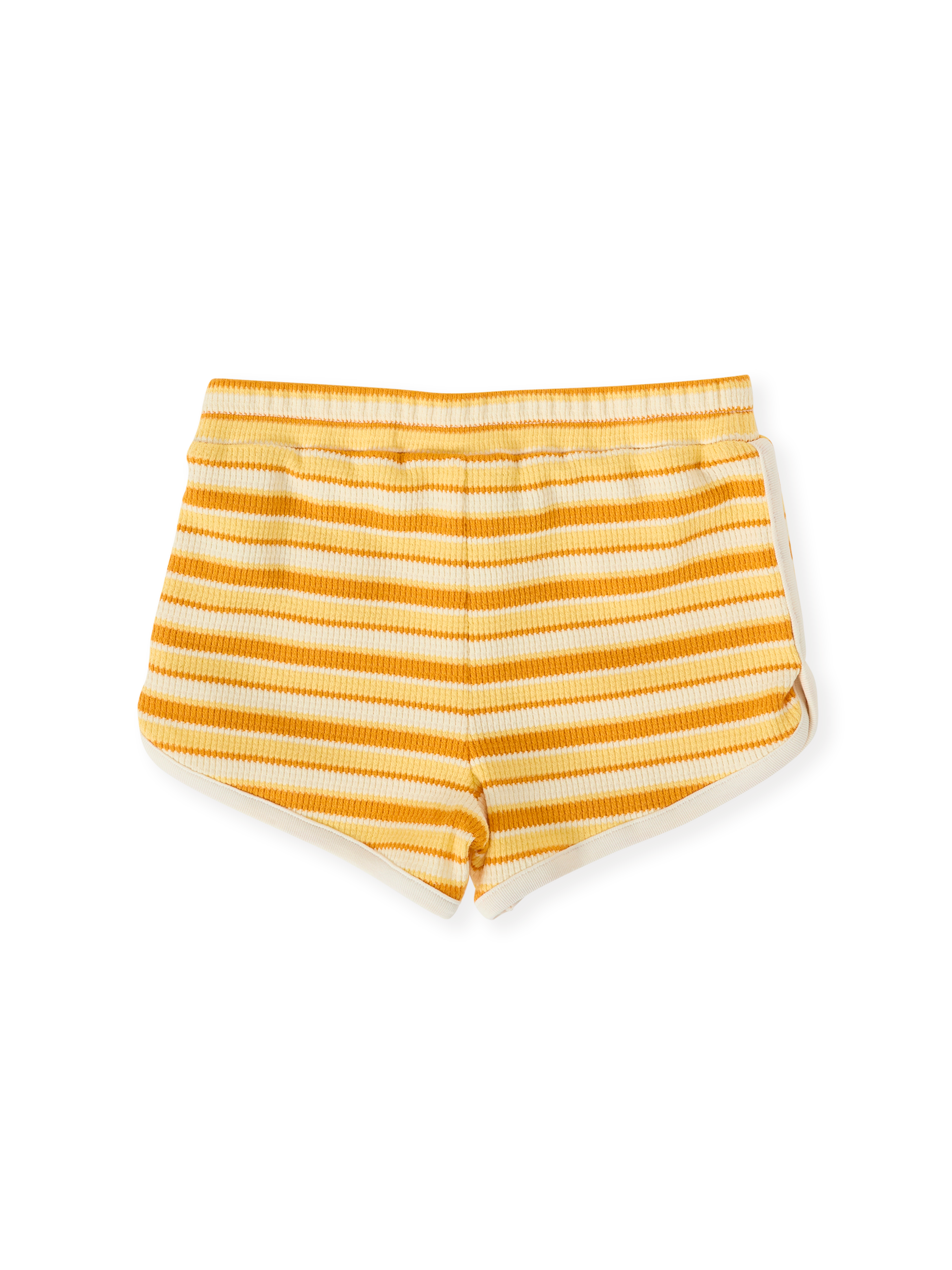 The Goldie + Ace Sunshine Stripe Shorts in Lemon/Golden pictured on a transparent background. The material is 100% cotton. It is a bottom made for babies, toddlers and kids.