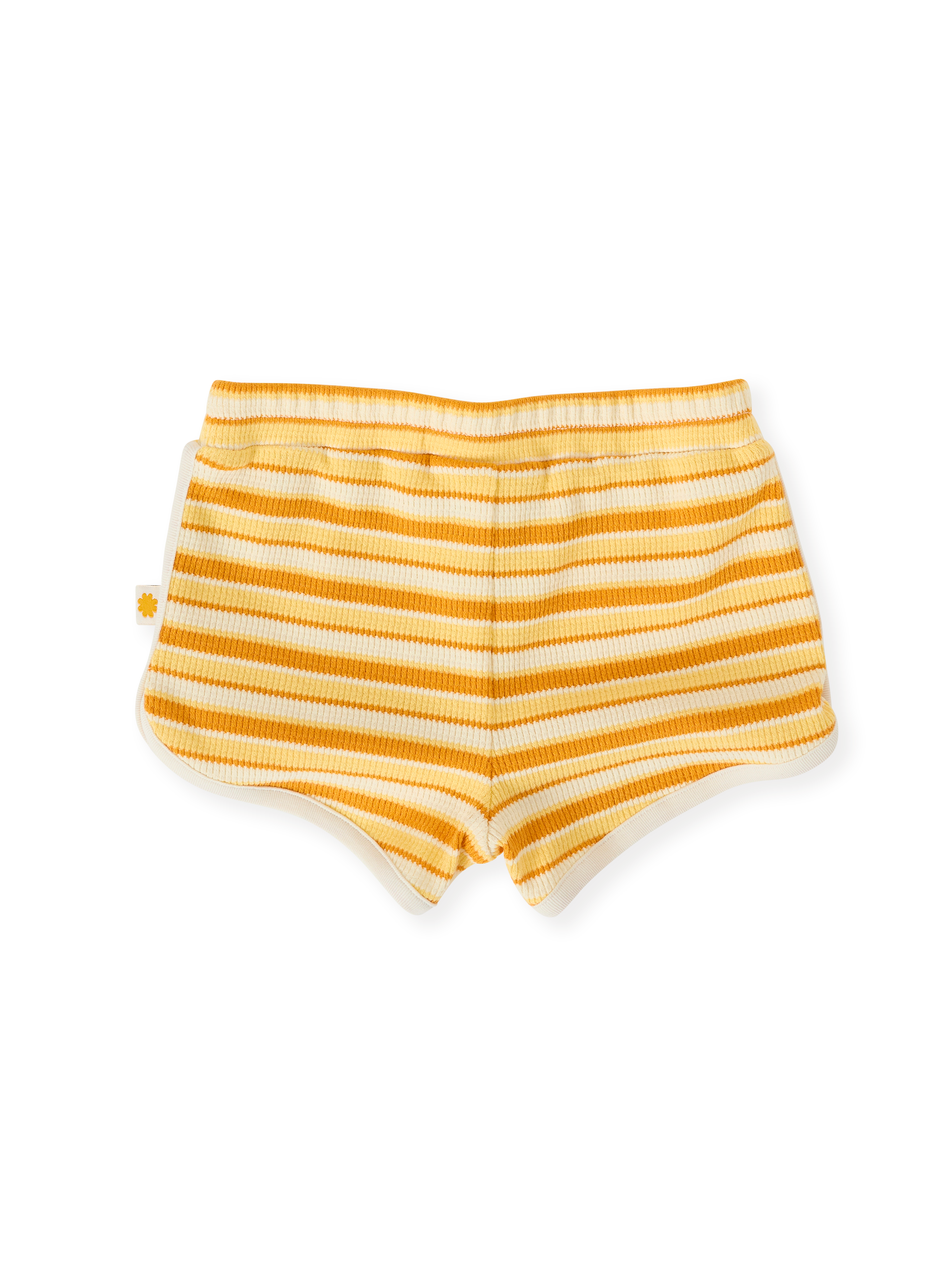 The Goldie + Ace Sunshine Stripe Shorts in Lemon/Golden pictured on a transparent background. The material is 100% cotton. It is a bottom made for babies, toddlers and kids.