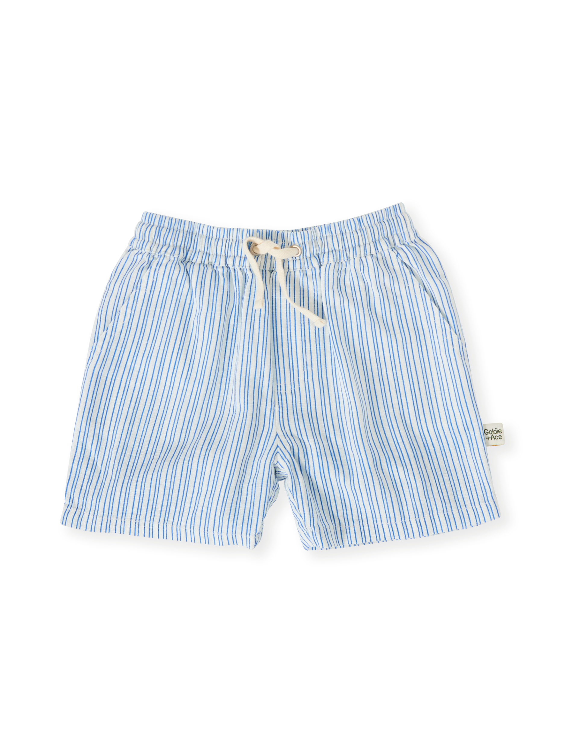 The Goldie + Ace Sailor Stripe Noah Shorts in Ocean/Ivory pictured on a transparent background. The material is soft and breathable rayon-linen blend. It is a bottom made for babies, toddlers and kids.