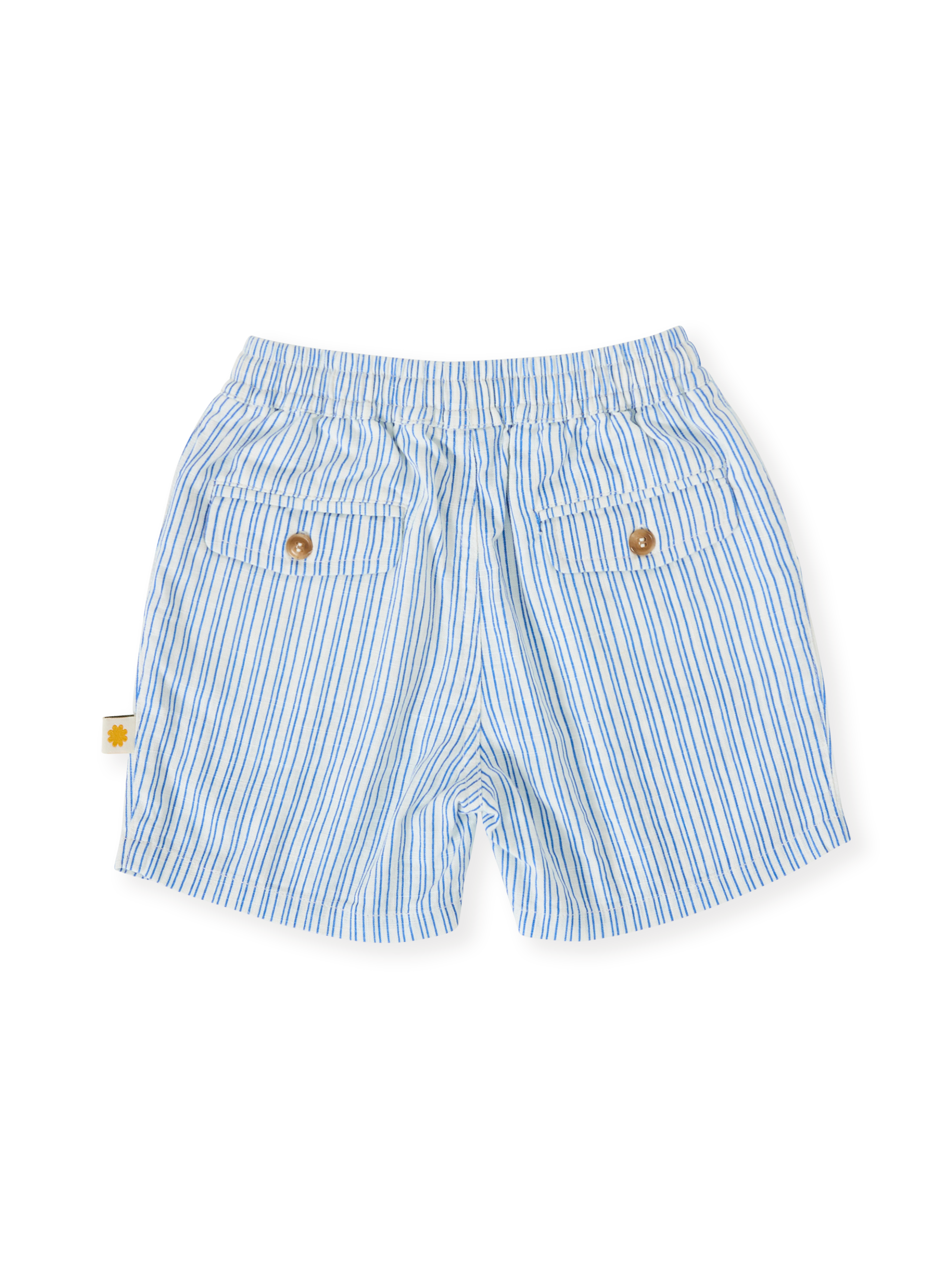 The Goldie + Ace Sailor Stripe Noah Shorts in Ocean/Ivory pictured on a transparent background. The material is soft and breathable rayon-linen blend. It is a bottom made for babies, toddlers and kids.