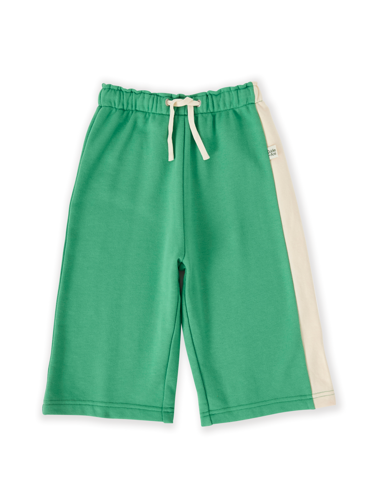 The Goldie + Ace Arlo Wide Leg Pant in Fern/Vanilla pictured on a transparent background. The material is 100% cotton. It is a bottom made for babies, toddlers and kids.