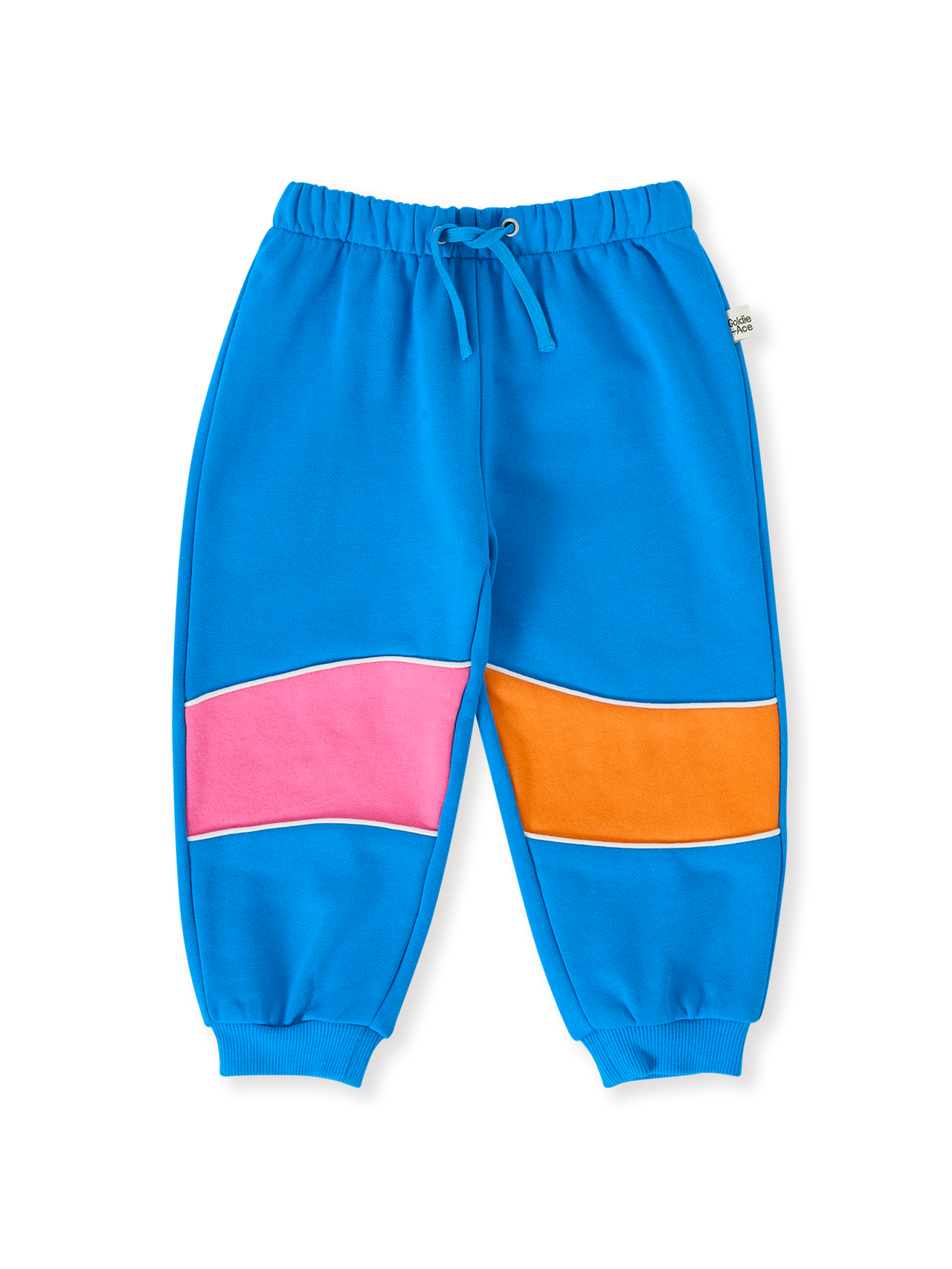 The Goldie + Ace Rudy Piped Panel Sweatpants in Sunrise pictured on a transparent background. The material is 100% cotton. It is a bottom made for babies, toddlers and kids.