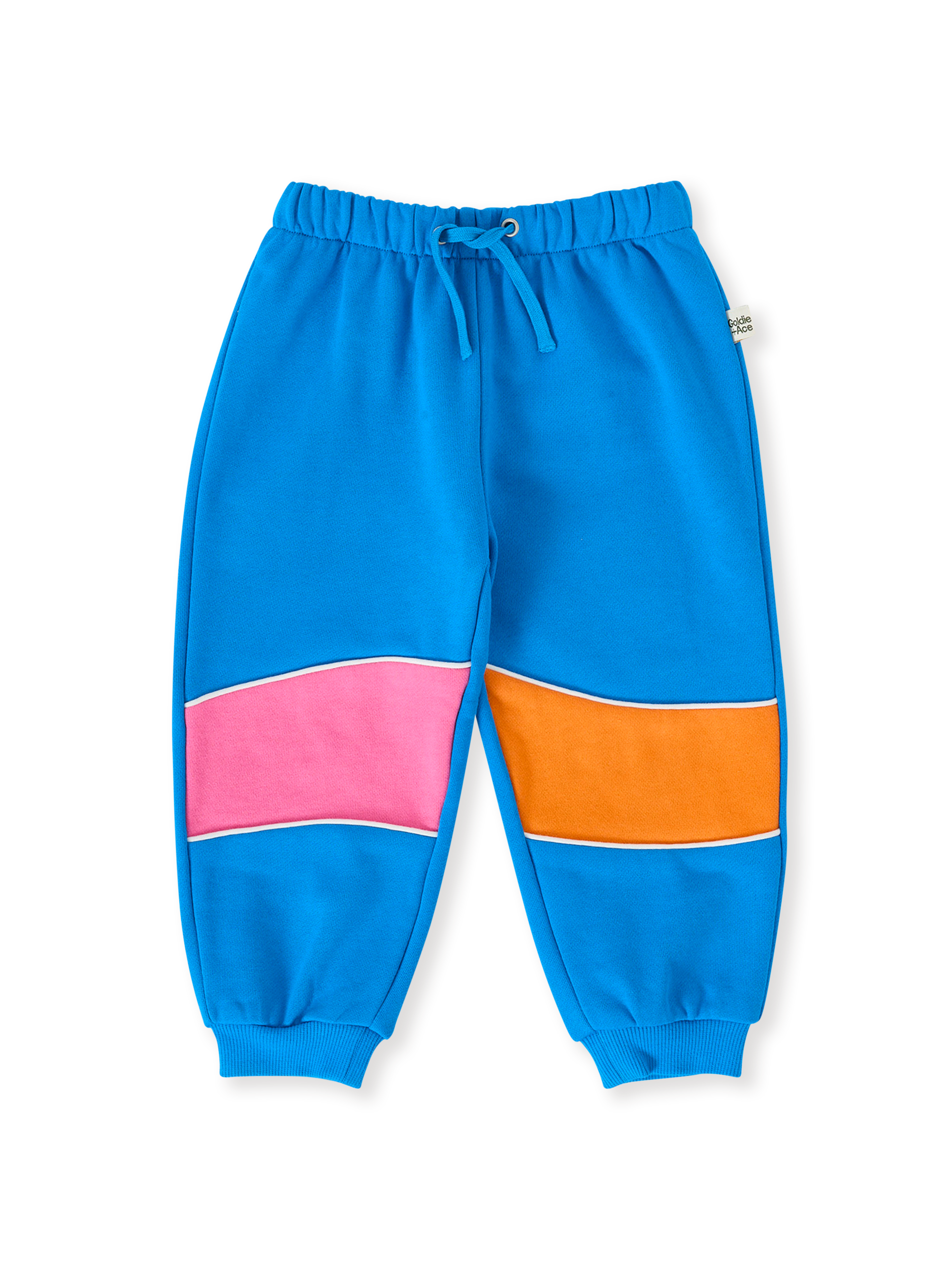 The Goldie + Ace Rudy Piped Panel Sweatpants in Sunrise pictured on a transparent background. The material is 100% cotton. It is a bottom made for babies, toddlers and kids.