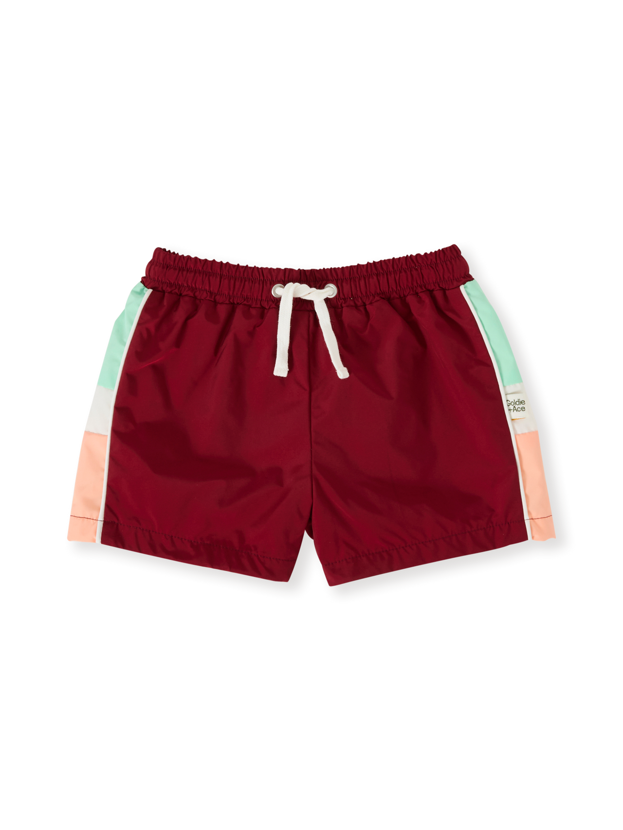 The Goldie + Ace Retro Sporty Shorts in Brick/Peapod pictured on a transparent background. The material is poly with cotton lining. It is a bottom made for babies, toddlers and kids.