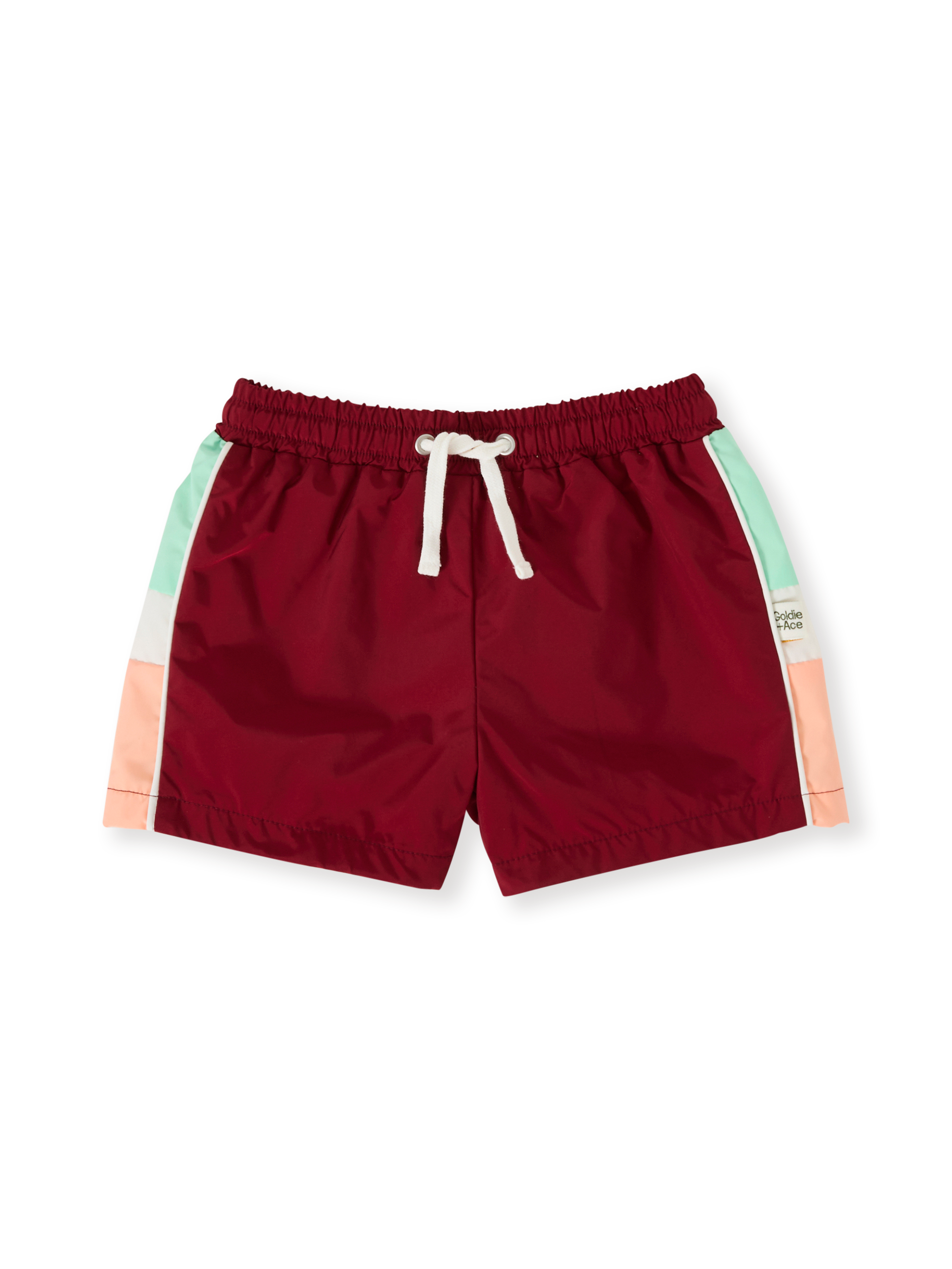 The Goldie + Ace Retro Sporty Shorts in Brick/Peapod pictured on a transparent background. The material is poly with cotton lining. It is a bottom made for babies, toddlers and kids.