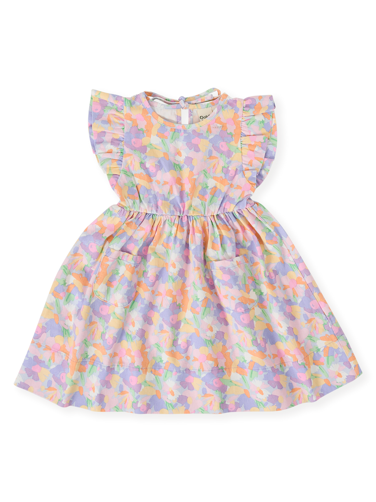 The Goldie + Ace Pastel Bouquet Lyla Dress in Lilac Multi pictured on a transparent background. The material is 100% cotton. It is a dress made for babies, toddlers and kids.
