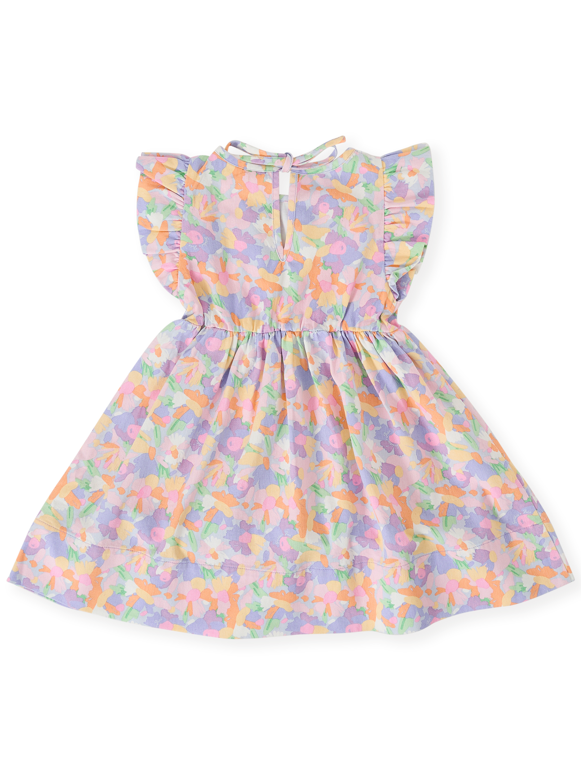 The Goldie + Ace Pastel Bouquet Lyla Dress in Lilac Multi pictured on a transparent background. The material is 100% cotton. It is a dress made for babies, toddlers and kids.