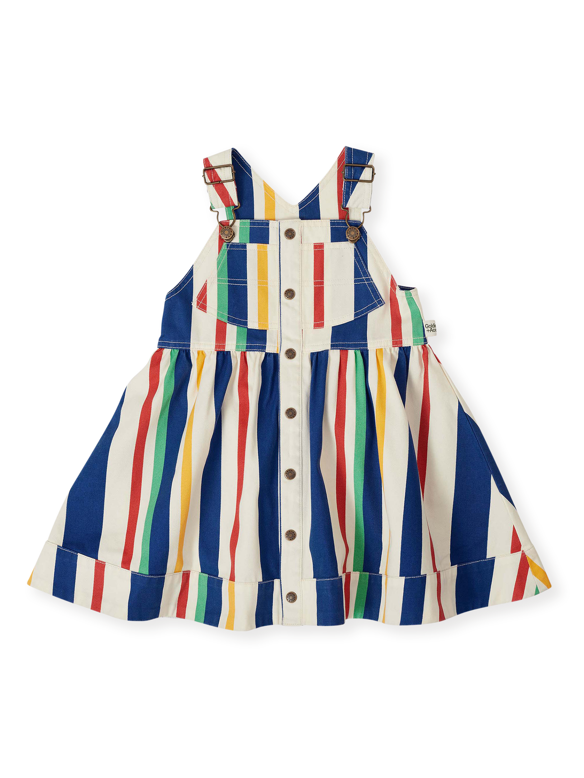 The Goldie + Ace 90's Bold Stripe Heidi Denim Pinafore Dress in Primary pictured on a transparent background. The material is 100% cotton. It is a dress made for babies, toddlers and kids.
