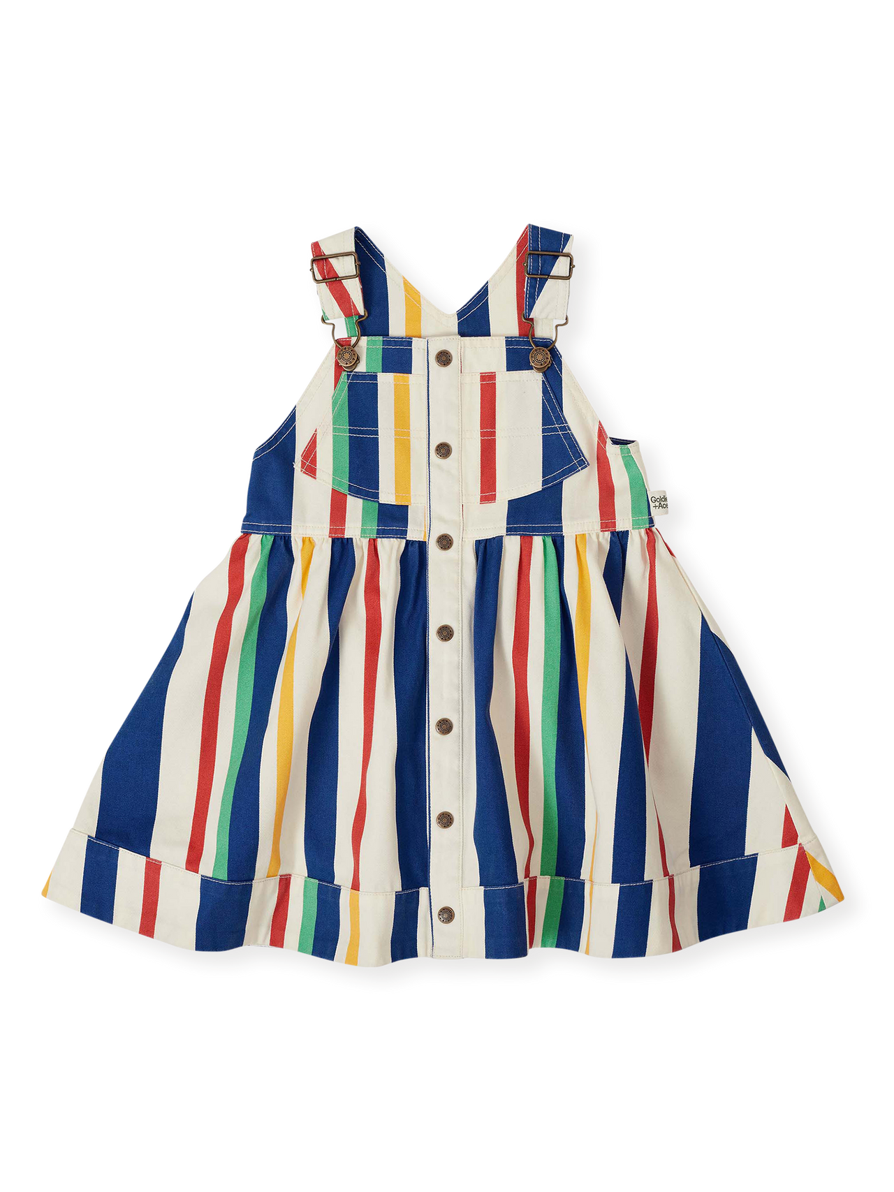 The Goldie + Ace 90's Bold Stripe Heidi Denim Pinafore Dress in Primary pictured on a transparent background. The material is 100% cotton. It is a dress made for babies, toddlers and kids.