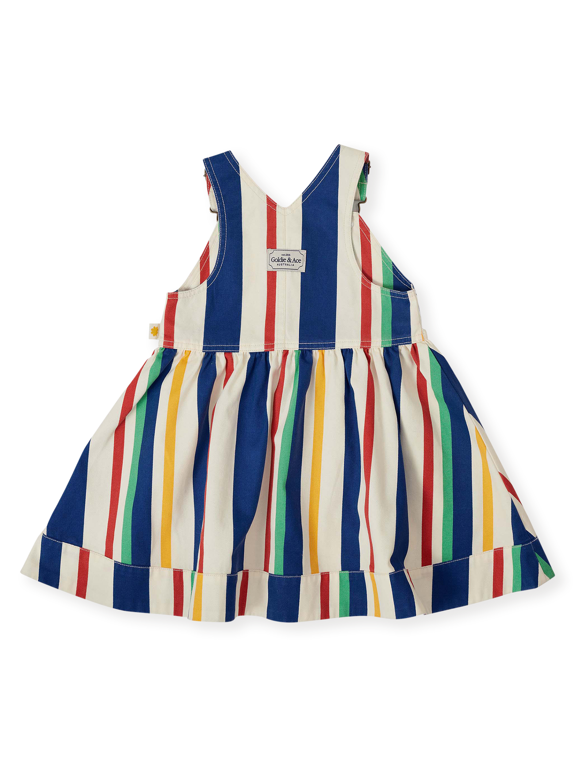 The Goldie + Ace 90's Bold Stripe Heidi Denim Pinafore Dress in Primary pictured on a transparent background. The material is 100% cotton. It is a dress made for babies, toddlers and kids.