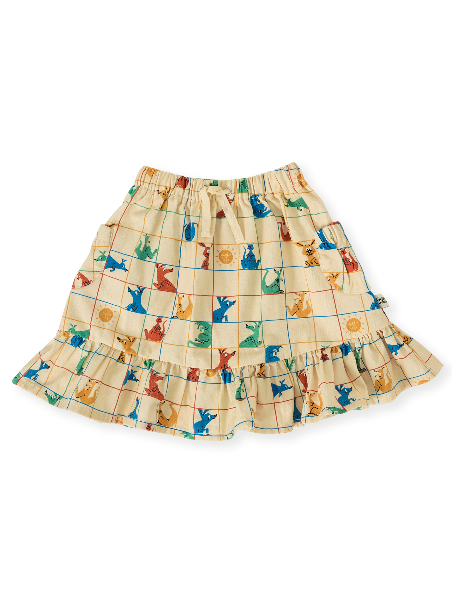 The Goldie + Ace Hopscotch Maya Pocket Skirt in Vanilla/Primary pictured on a transparent background. The material is 100% cotton. It is a bottom made for babies, toddlers and kids.