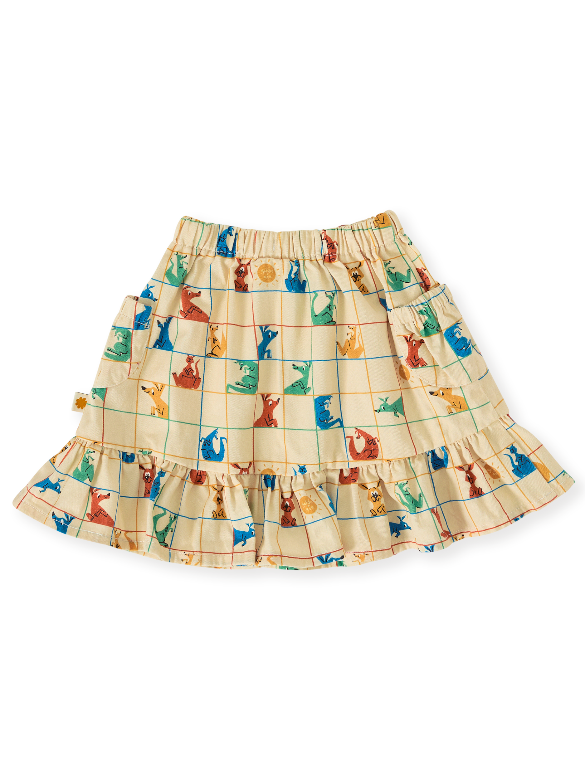 The Goldie + Ace Hopscotch Maya Pocket Skirt in Vanilla/Primary pictured on a transparent background. The material is 100% cotton. It is a bottom made for babies, toddlers and kids.
