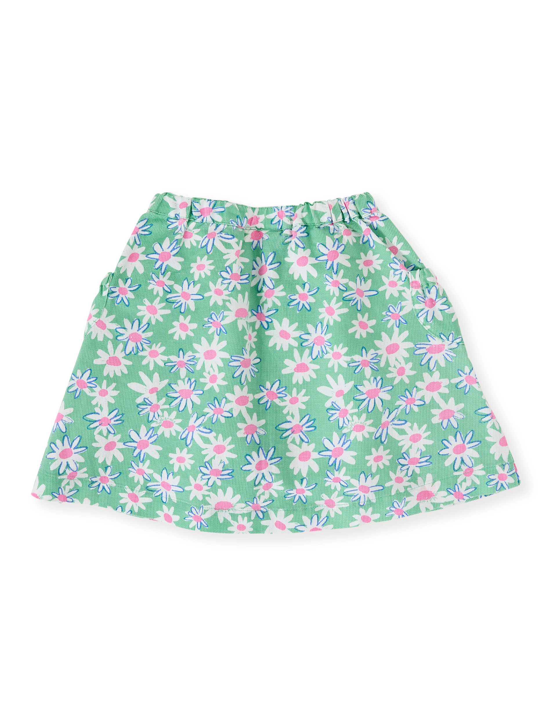 The Goldie + Ace Daisy Patch Presley Pocket Skirt in Moss pictured on a transparent background. The material is breathable cotton-linen blend. It is a bottom made for babies, toddlers and kids.