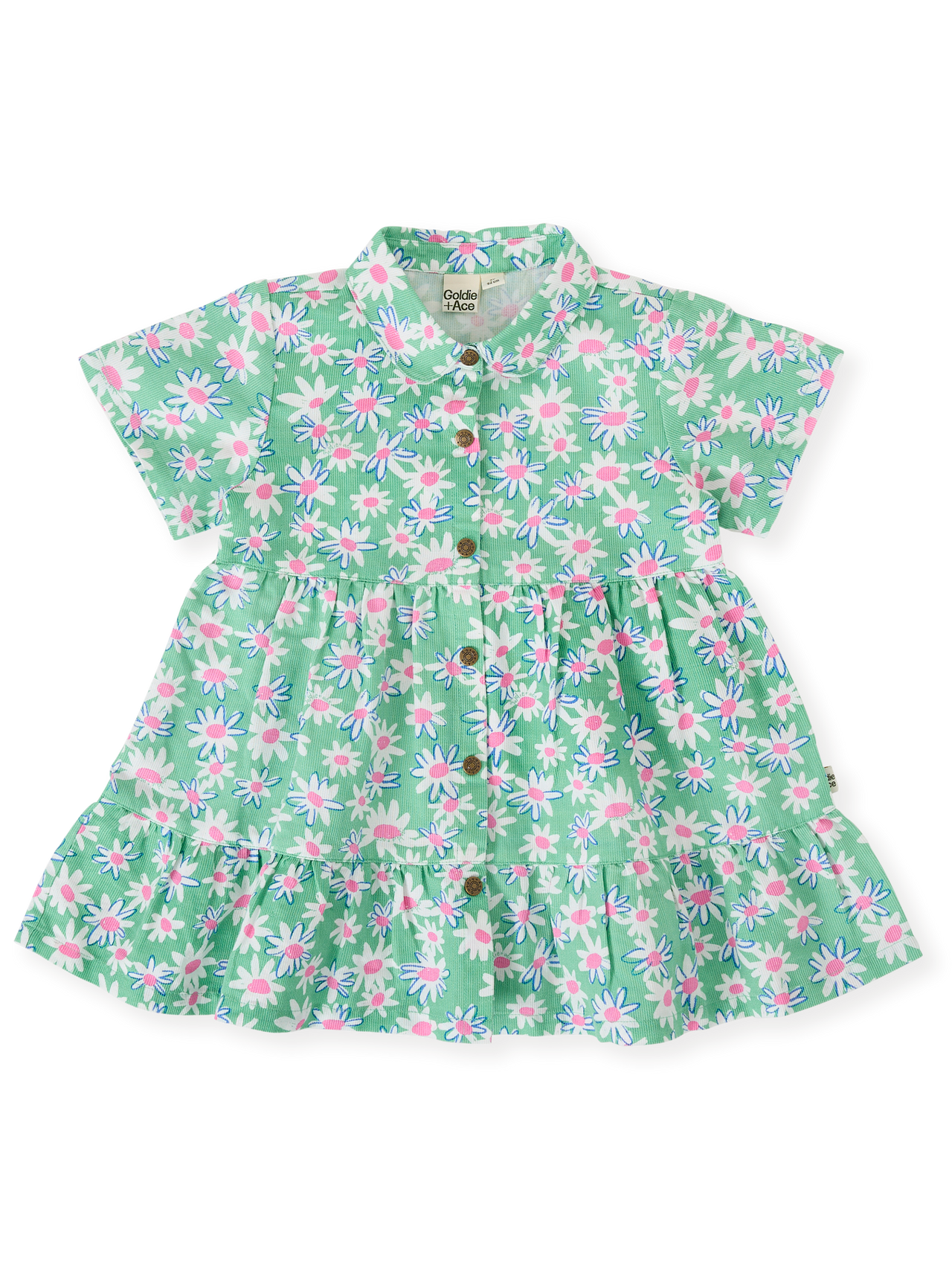 The Goldie + Ace Daisy Patch Monica Dress in Moss pictured on a transparent background. The material is breathable cotton-linen blend. It is a dress made for babies, toddlers and kids.