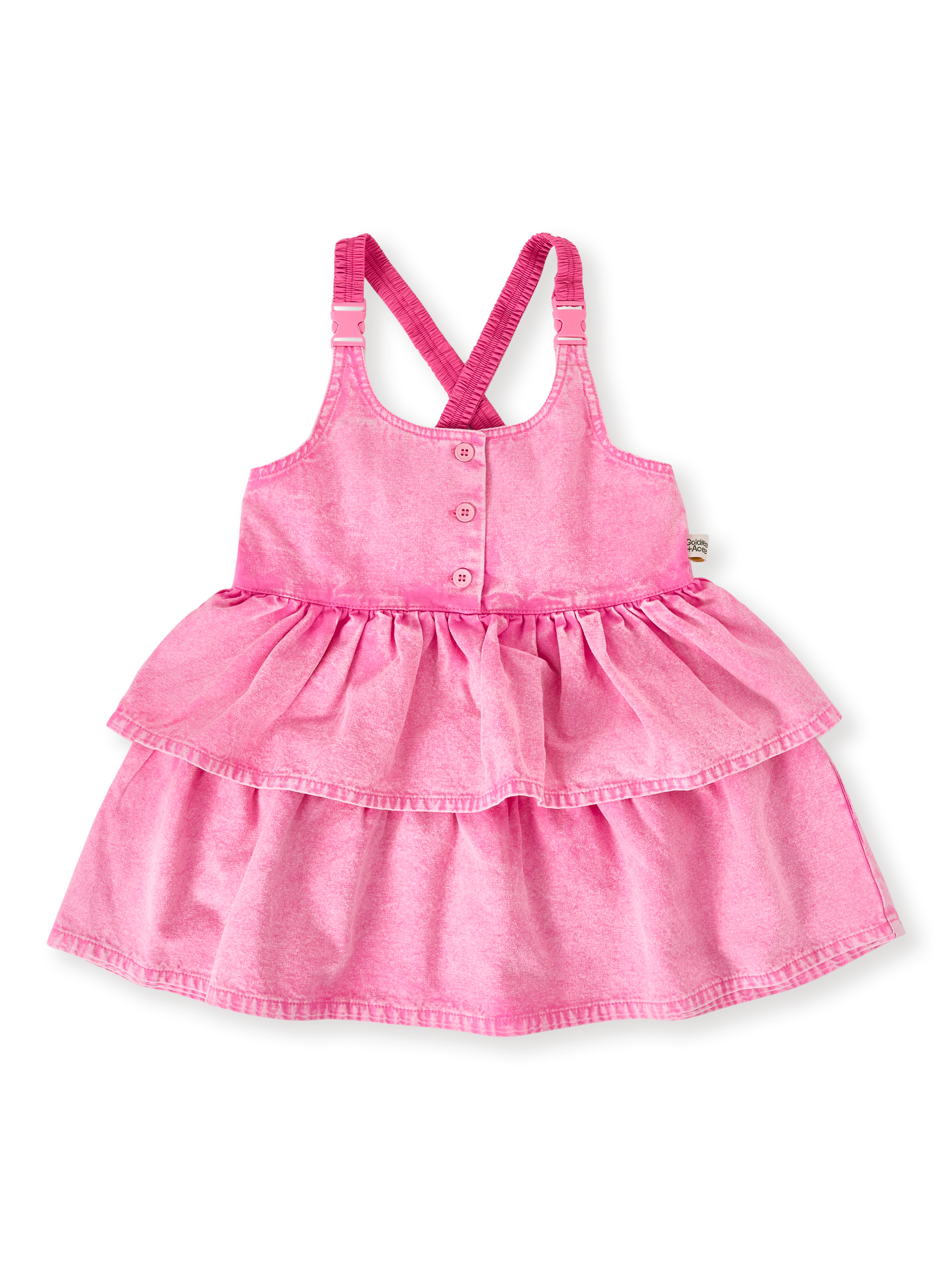 The Goldie + Ace Saskia Denim Frill Pinafore Dress in Pink Lemonade pictured on a transparent background. The material is cotton. It is a dress made for babies, toddlers and kids.