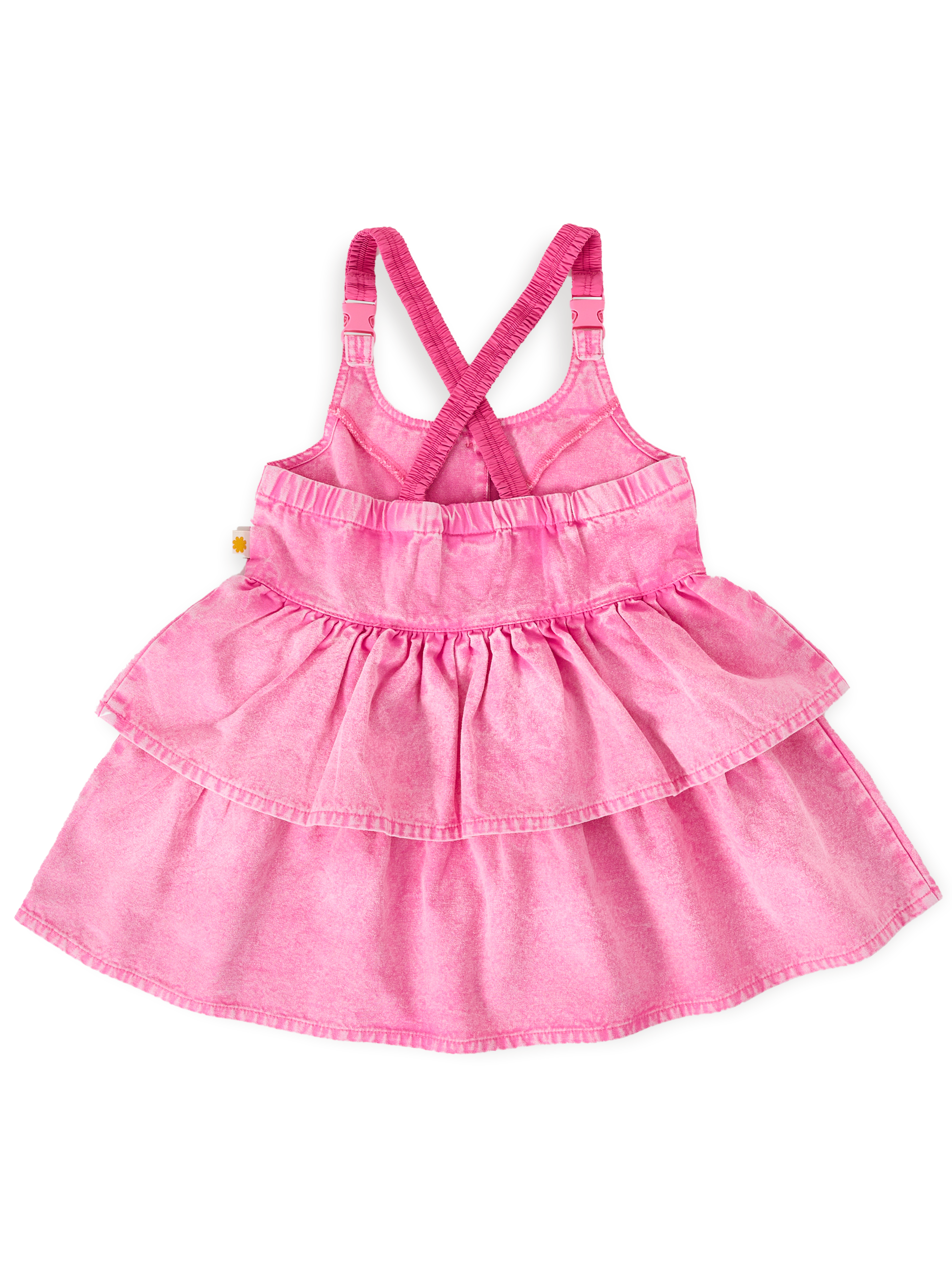 The Goldie + Ace Saskia Denim Frill Pinafore Dress in Pink Lemonade pictured on a transparent background. The material is cotton. It is a dress made for babies, toddlers and kids.
