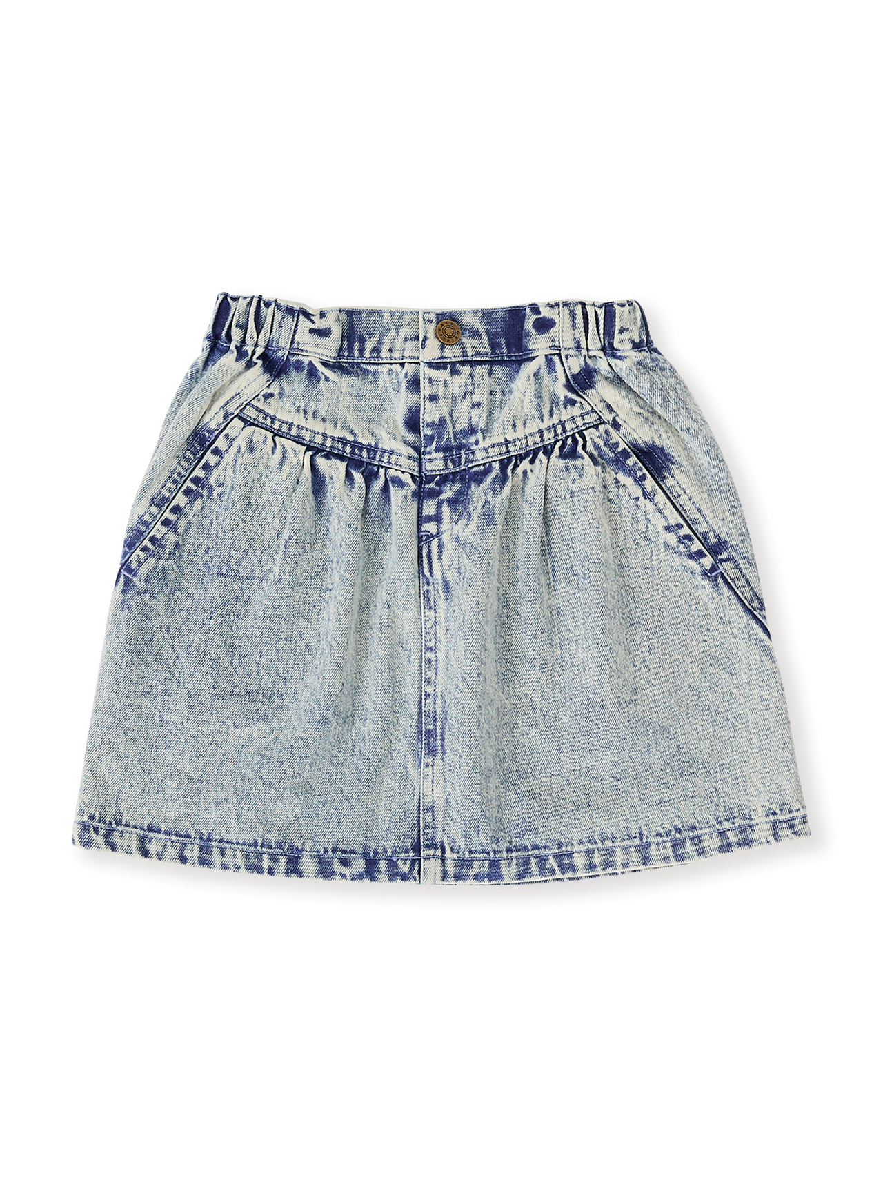 The Goldie + Ace Esta A-Line Denim Skirt in Light Denim pictured on a transparent background. The material is 100% cotton. It is a bottom made for babies, toddlers and kids.