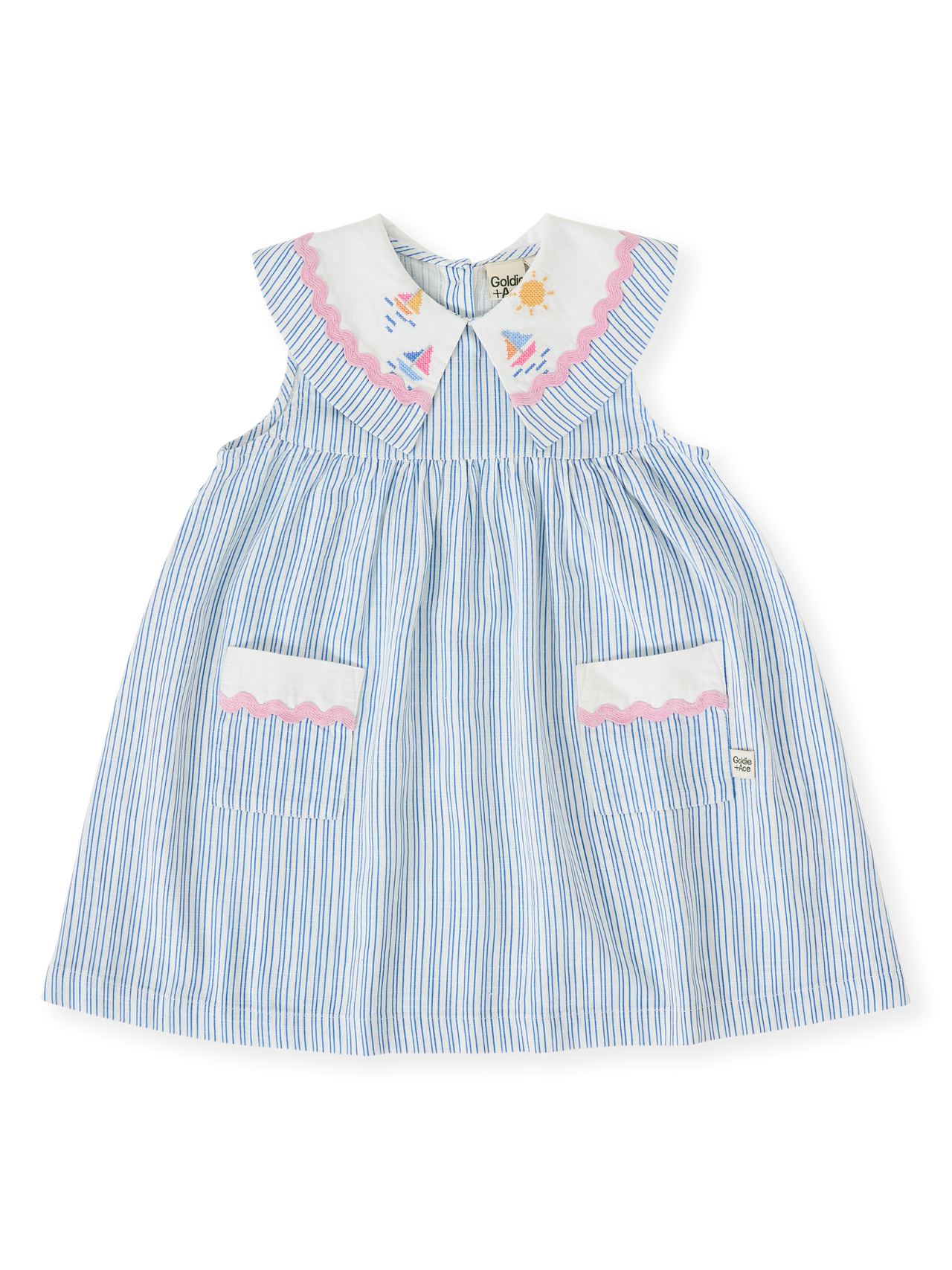 The Goldie + Ace Sailor Stripe Lucy Collared Dress in Ocean/Ivory pictured on a transparent background. The material is soft and breathable rayon-linen blend. It is a dress made for babies, toddlers and kids.