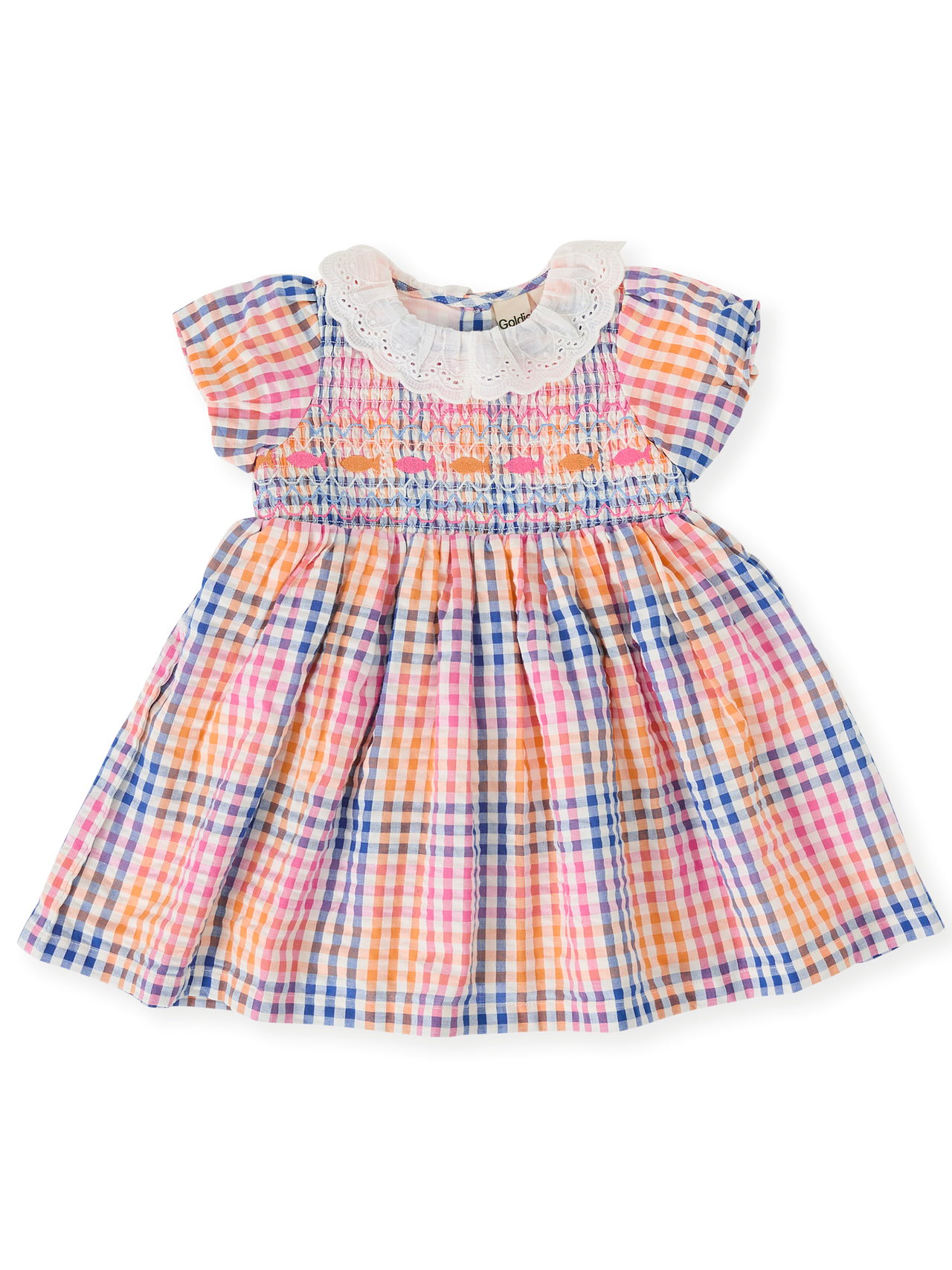 The Goldie + Ace Rainbow Gingham Flo Smocked Dress in Multi pictured on a transparent background. The material is cotton with cotton lining. It is a dress made for babies, toddlers and kids.