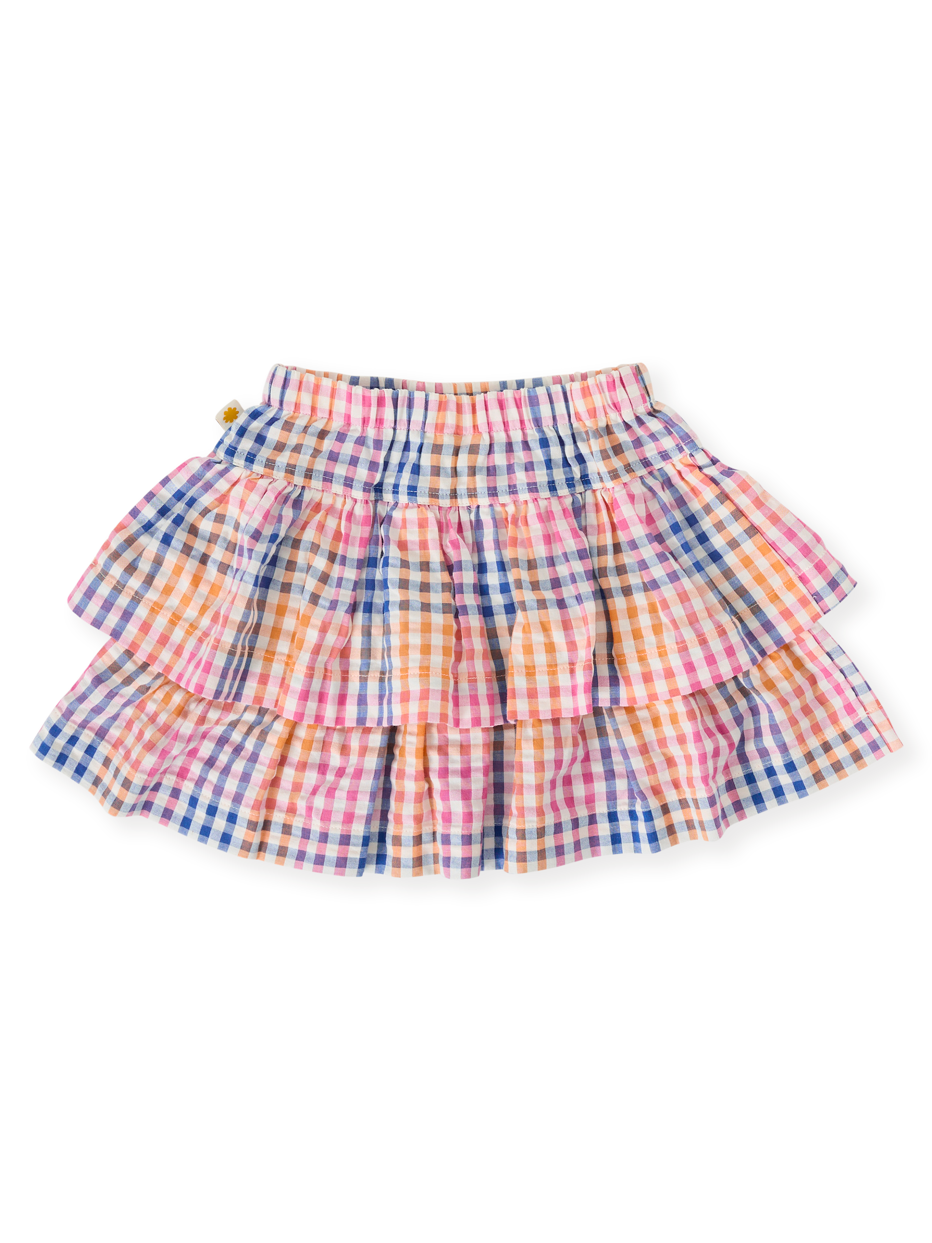 The Goldie + Ace Rainbow Gingham Ria Ruffle Skirt in Multi pictured on a transparent background. The material is 100% cotton. It is a bottom made for babies, toddlers and kids.