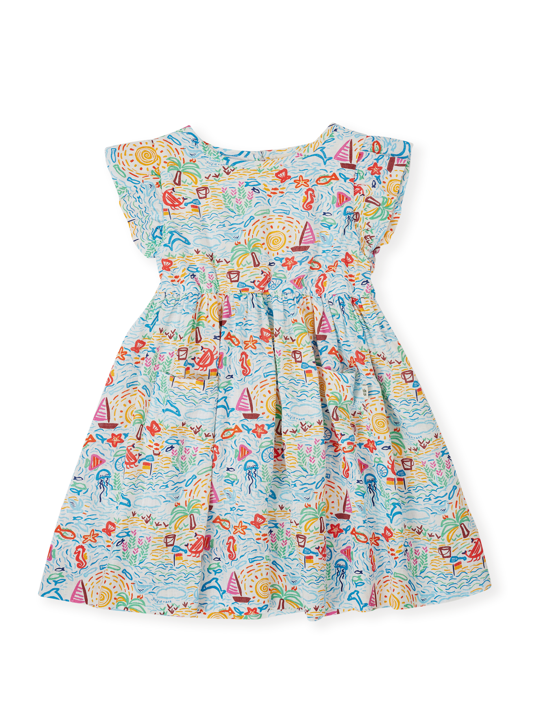 The Goldie + Ace Summer Bay Lyla Dress in Multi pictured on a transparent background. The material is linen blend. It is a dress made for babies, toddlers and kids.