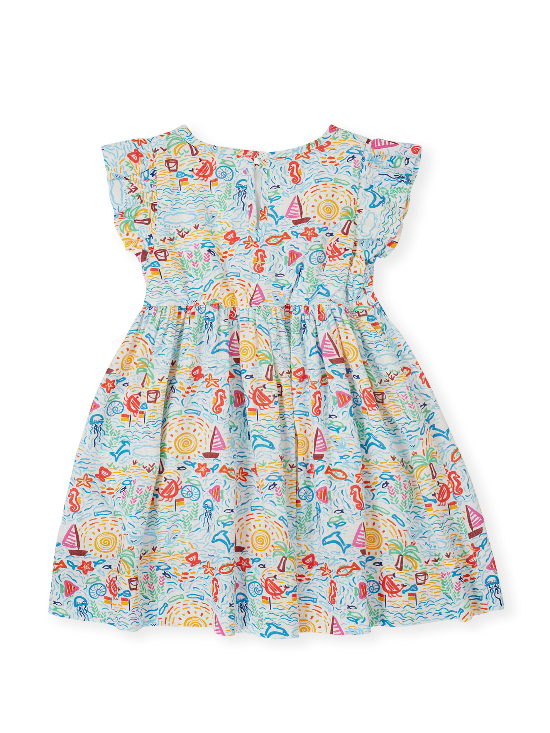 The Goldie + Ace Summer Bay Lyla Dress in Multi pictured on a transparent background. The material is linen blend. It is a dress made for babies, toddlers and kids.