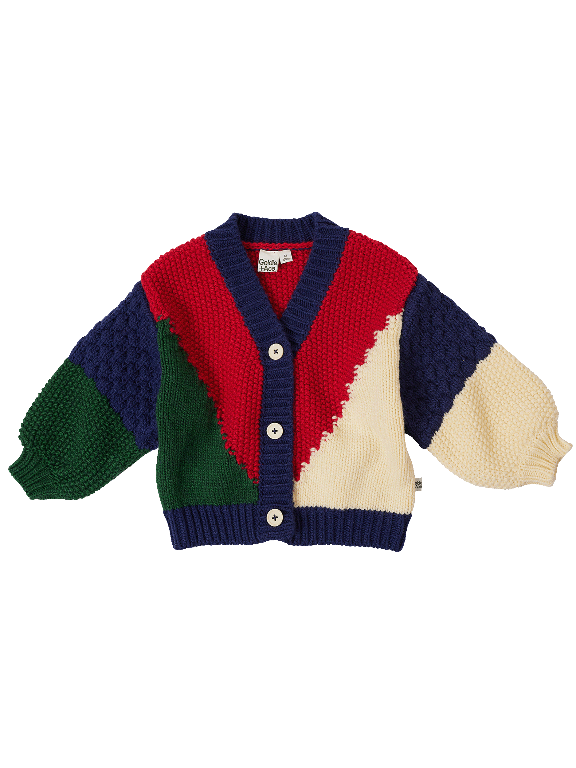 The Goldie + Ace Colour Block Knit Cardigan in Primary Multi pictured on a transparent background. The material is super soft wool blend. It is a knit made for babies, toddlers and kids.