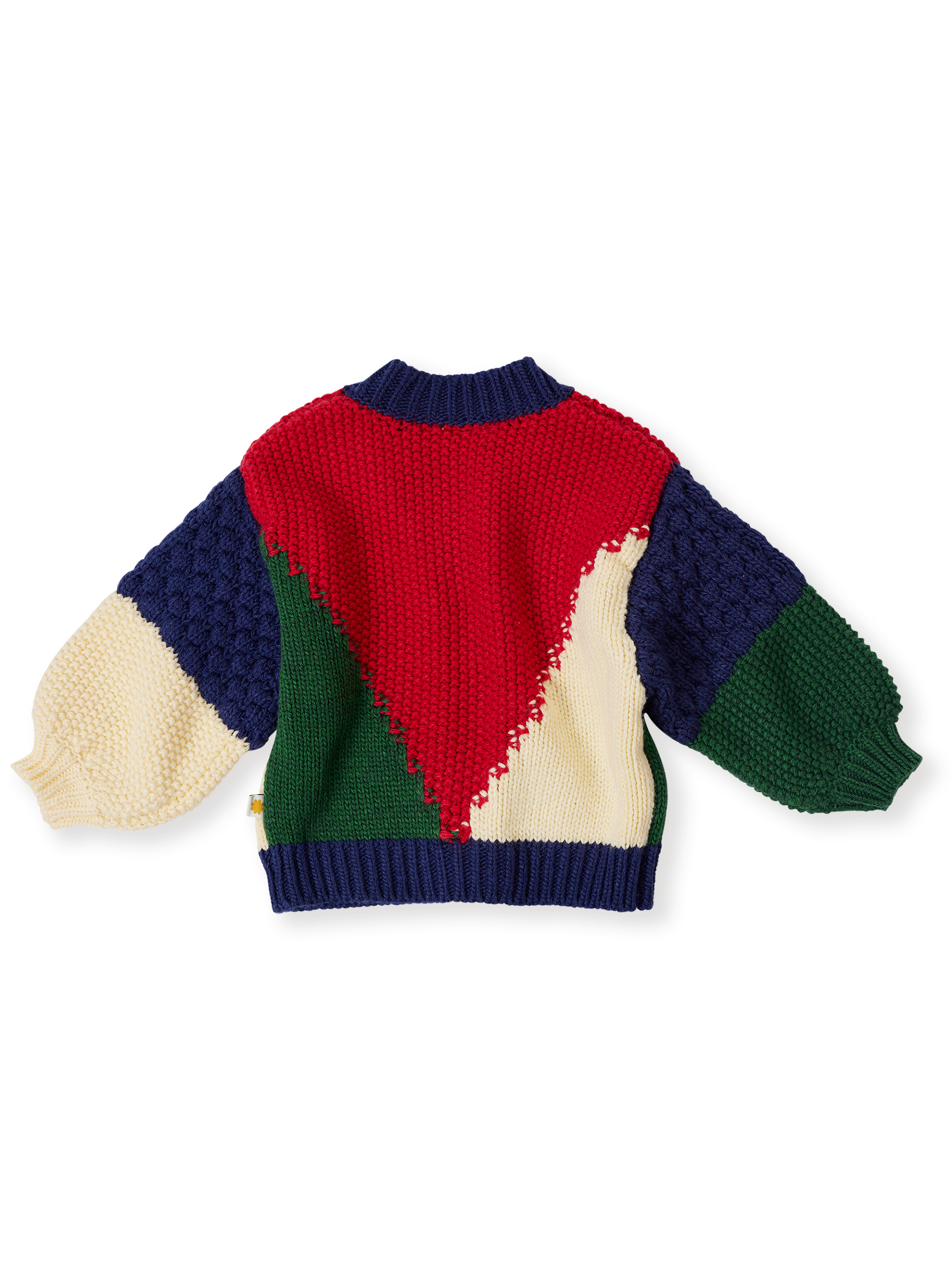 The Goldie + Ace Colour Block Knit Cardigan in Primary Multi pictured on a transparent background. The material is super soft wool blend. It is a knit made for babies, toddlers and kids.