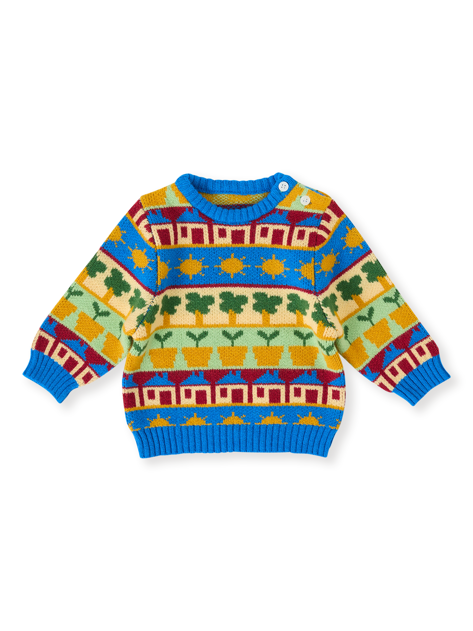 The Goldie + Ace Among The Gumtrees Knit Jumper in Blue Multi pictured on a transparent background. The material is soft knit made from wool, acrylic, and nylon. It is a knit made for babies, toddlers and kids.