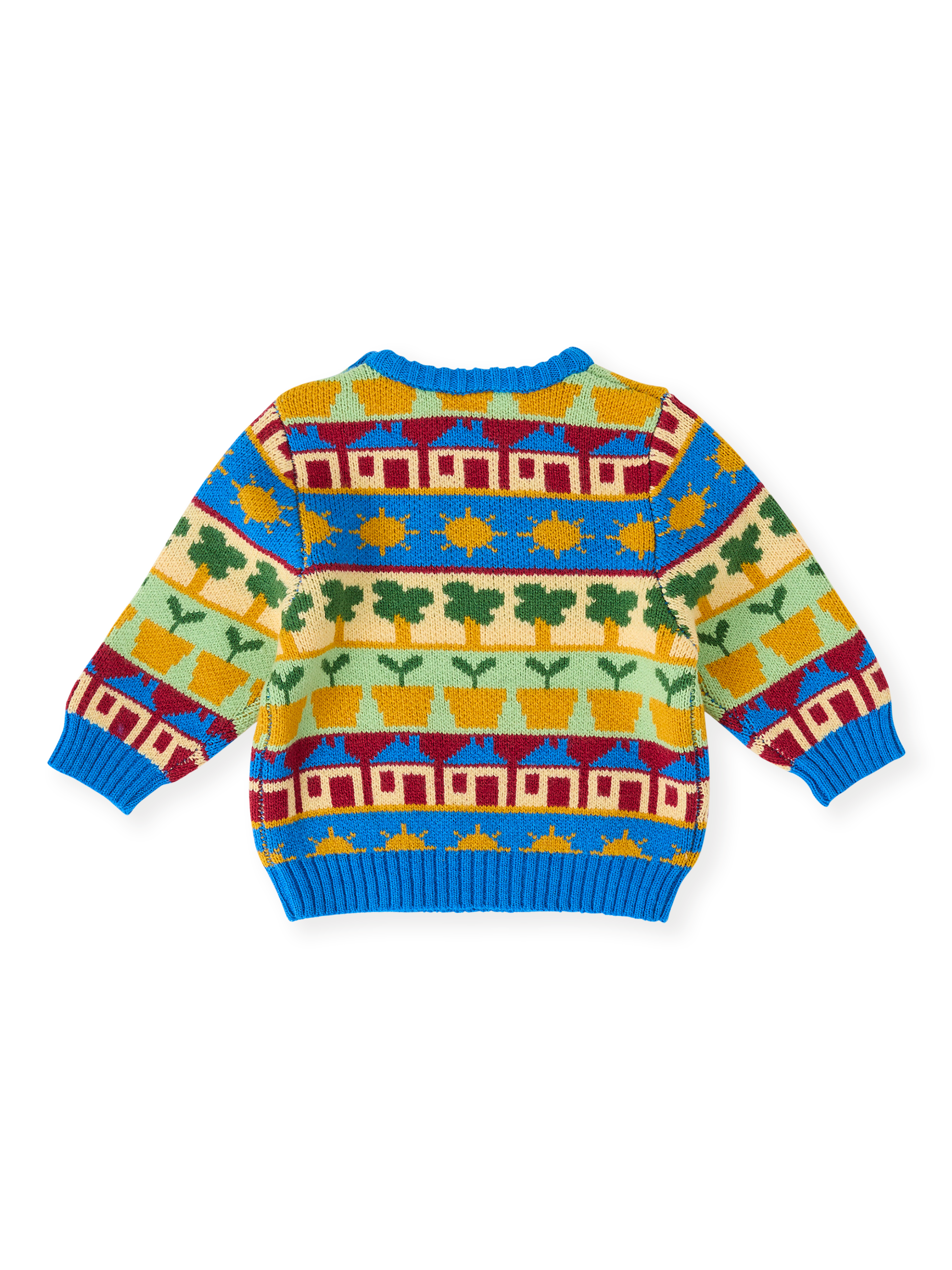 The Goldie + Ace Among The Gumtrees Knit Jumper in Blue Multi pictured on a transparent background. The material is soft knit made from wool, acrylic, and nylon. It is a knit made for babies, toddlers and kids.